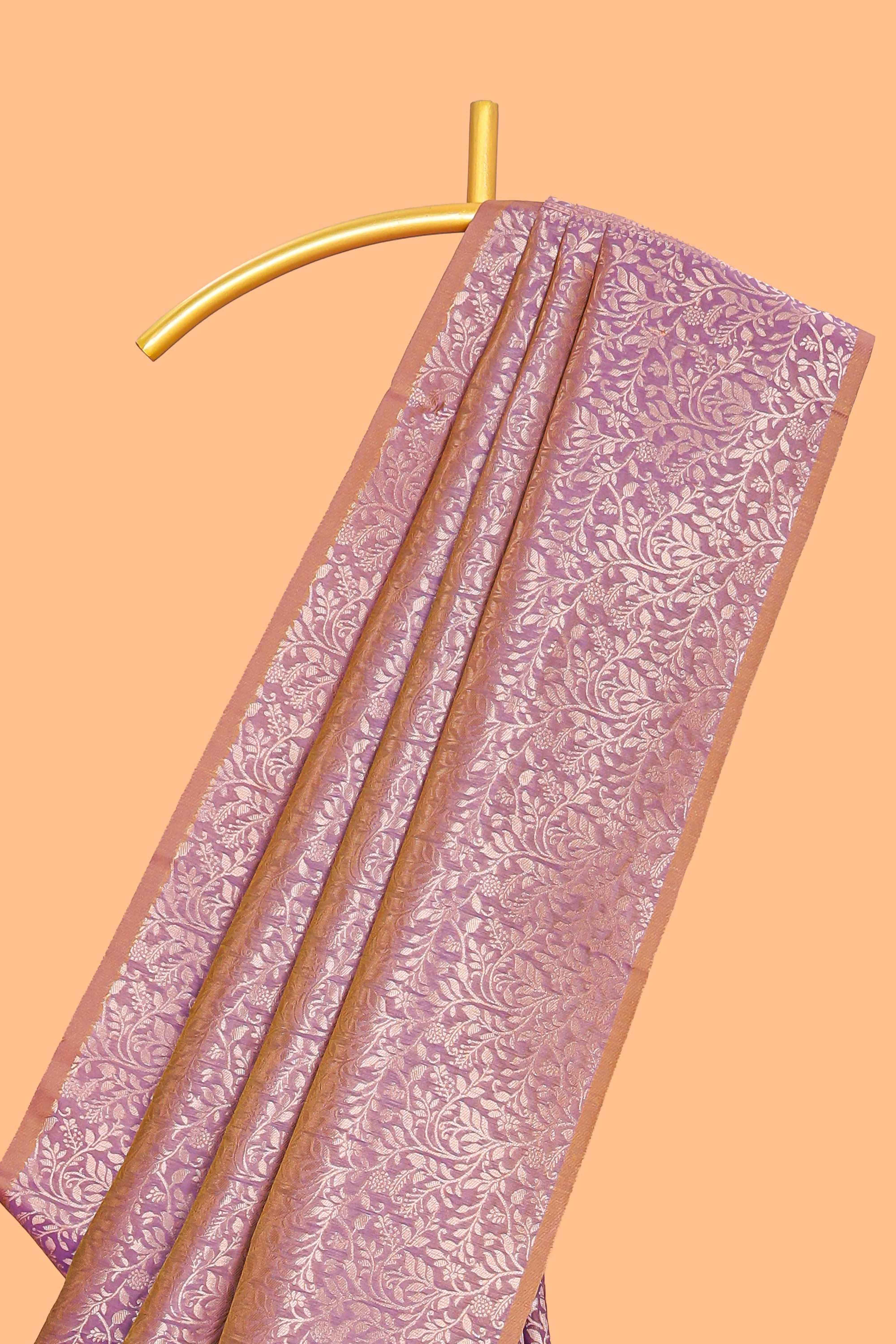 Borderless lavender floral zari design kathan silk saree with self pallu and motifs blouse