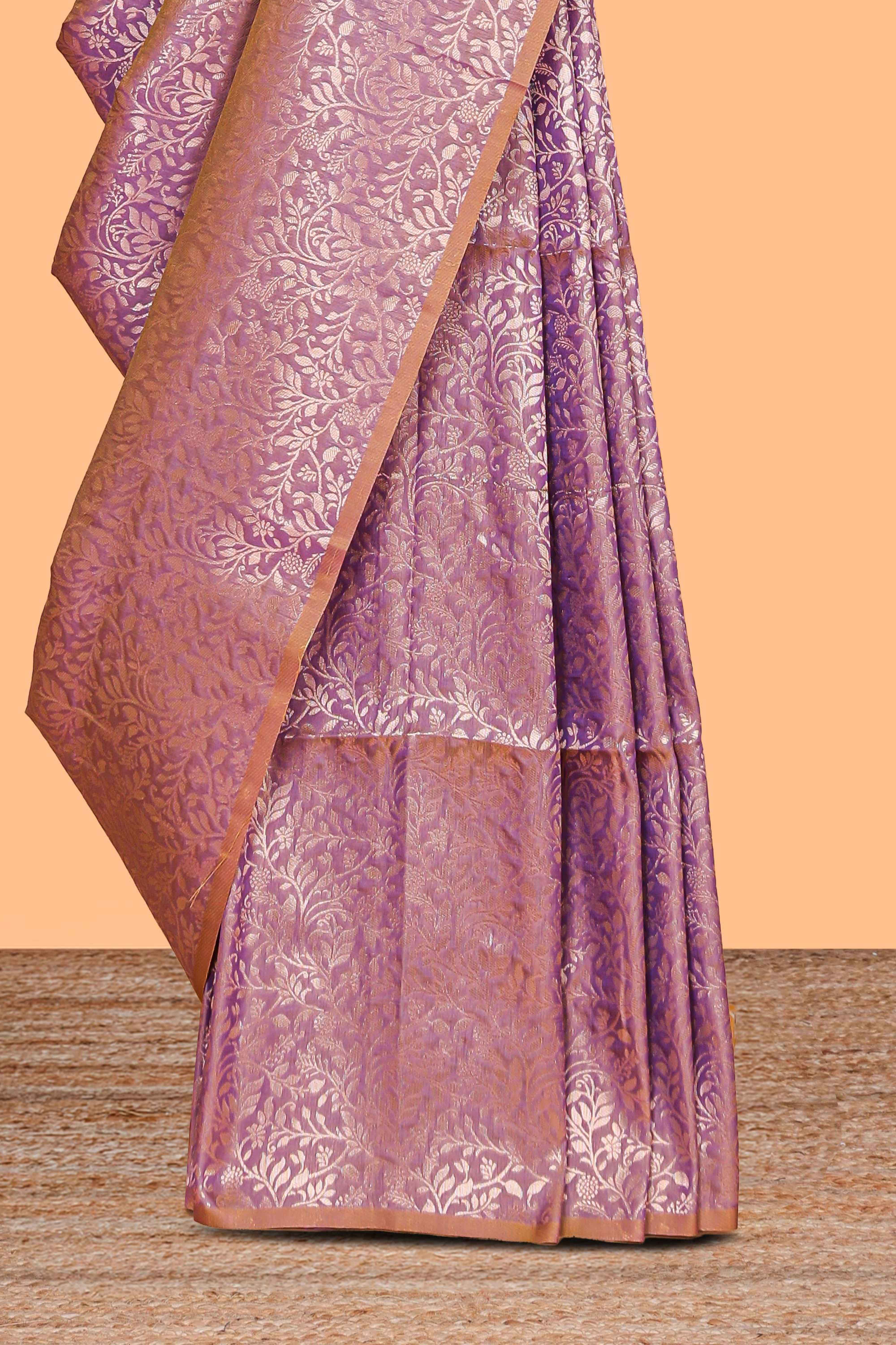 Borderless lavender floral zari design kathan silk saree with self pallu and motifs blouse