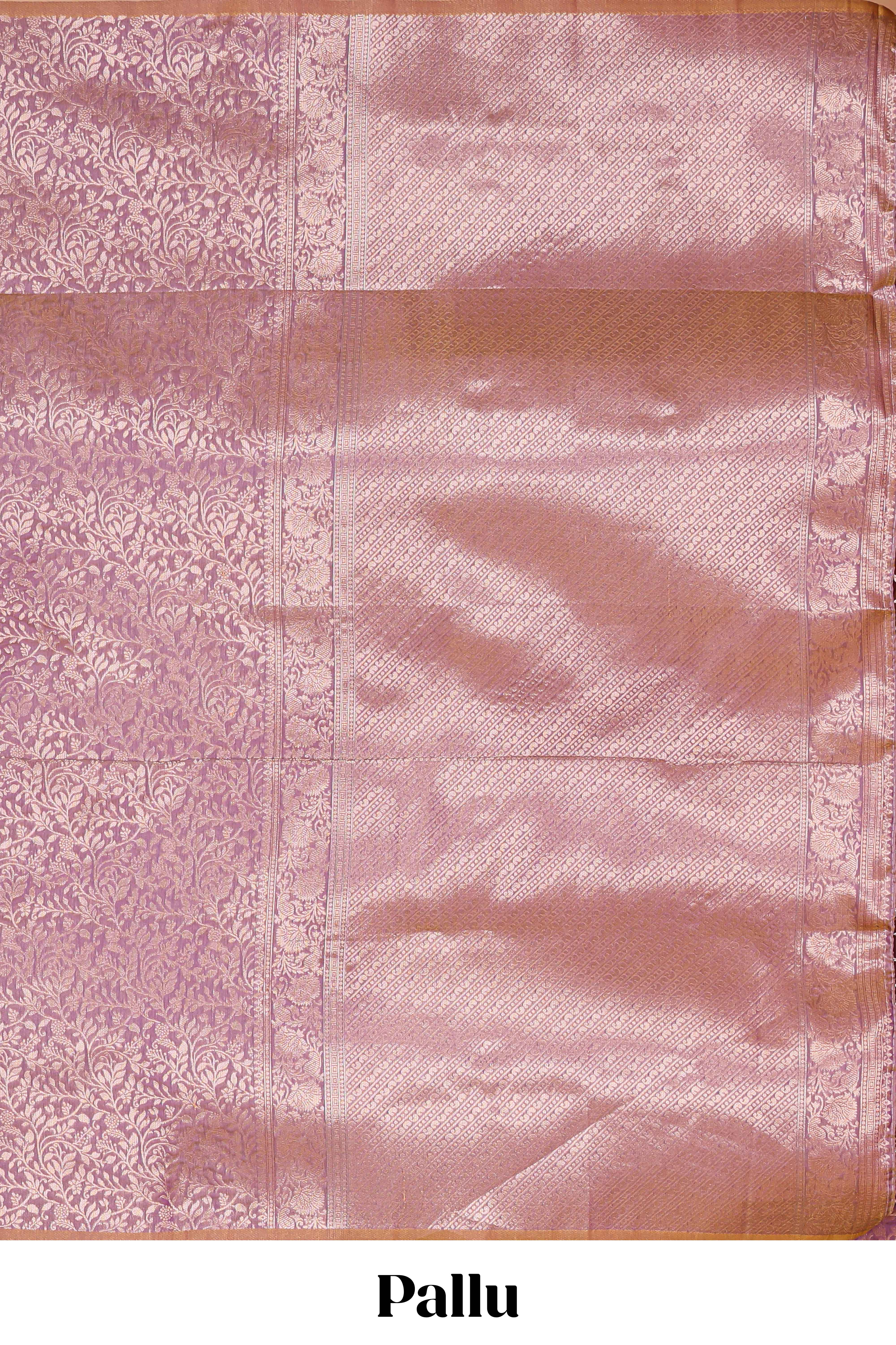 Borderless lavender floral zari design kathan silk saree with self pallu and motifs blouse