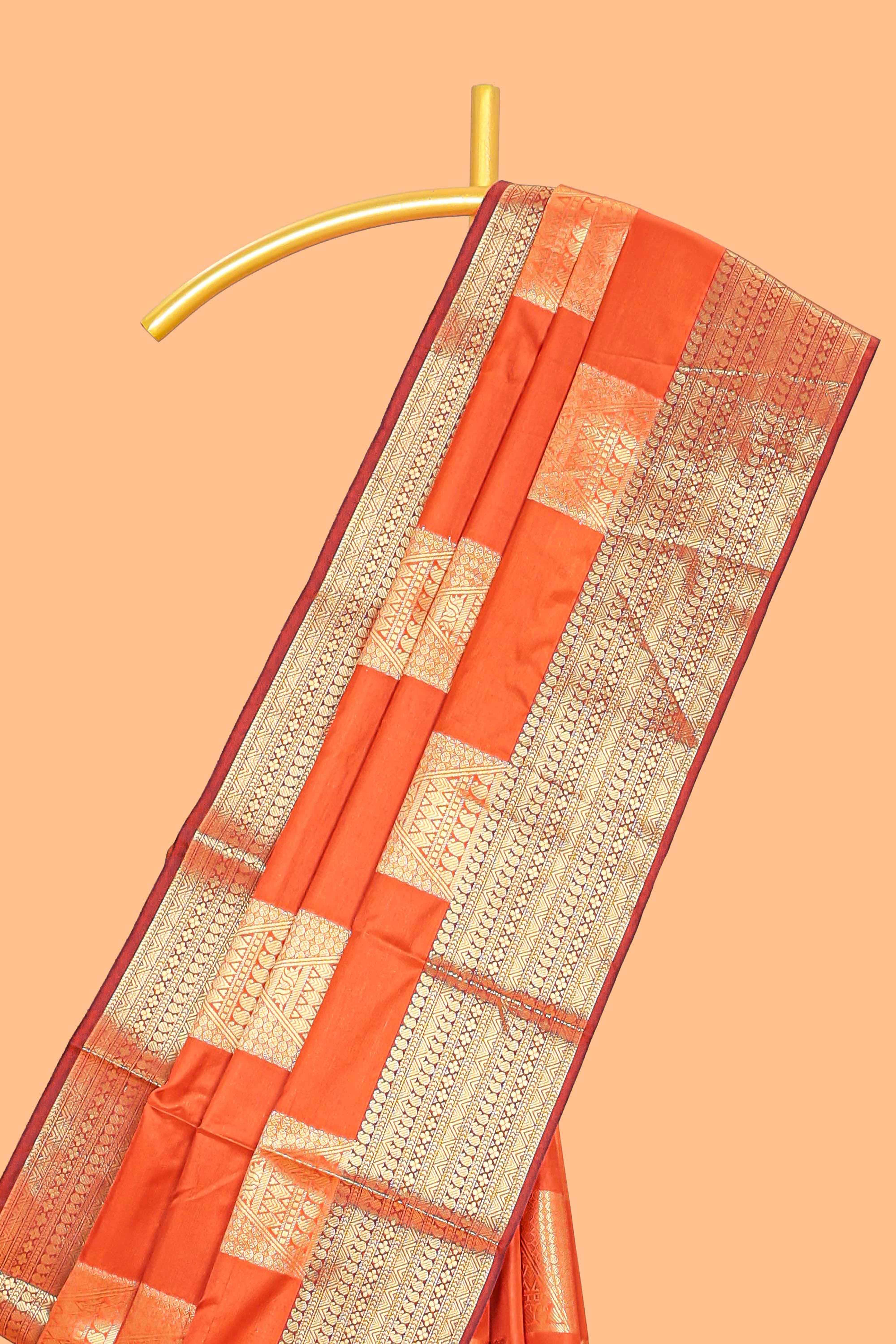 Orange geometric zari design kathan silk saree with self zari border and matching blouse