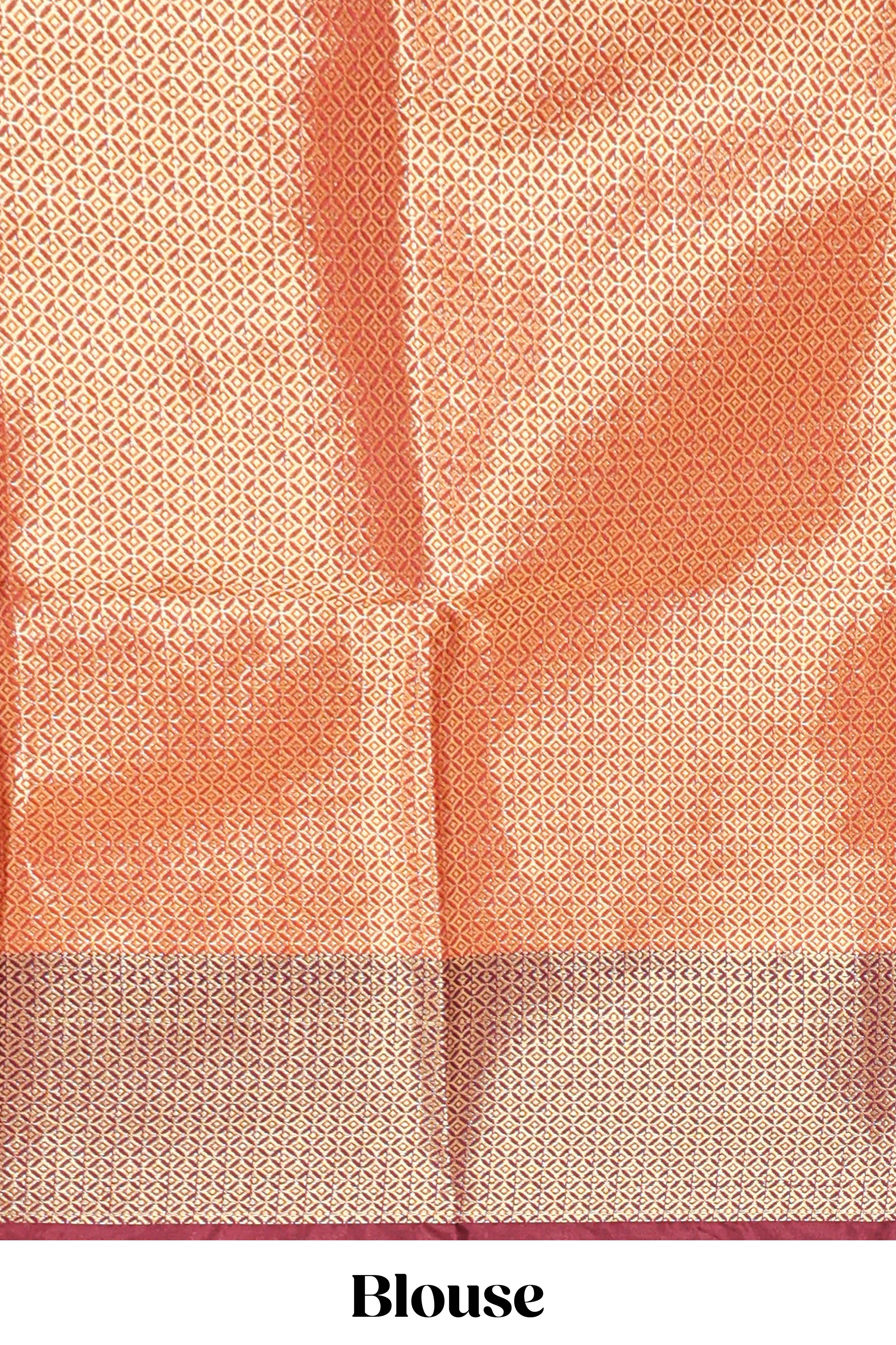 Orange geometric zari motifs design kathan silk saree with self zari border and matching blouse