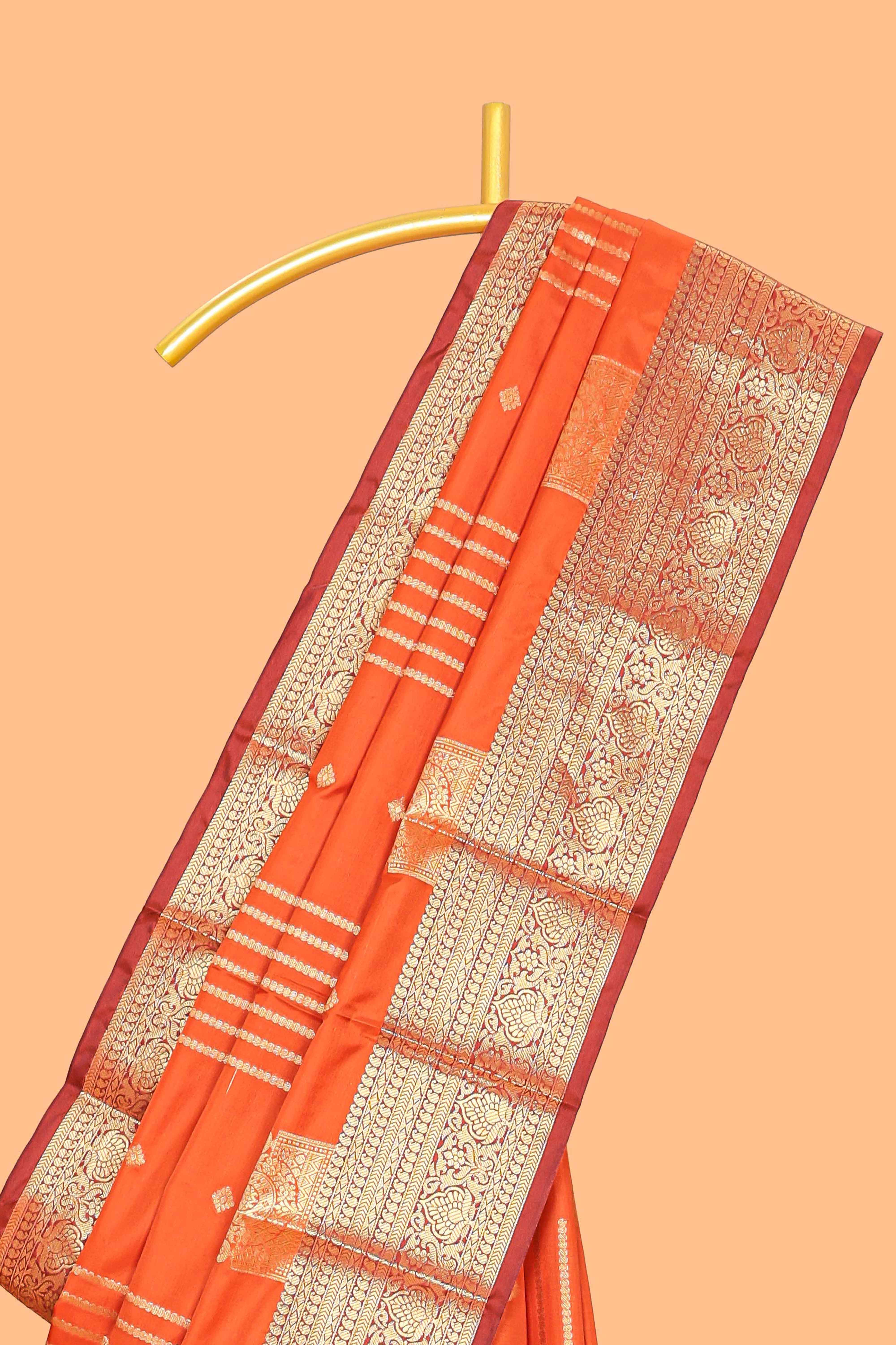 Orange geometric zari motifs design kathan silk saree with self zari border and matching blouse