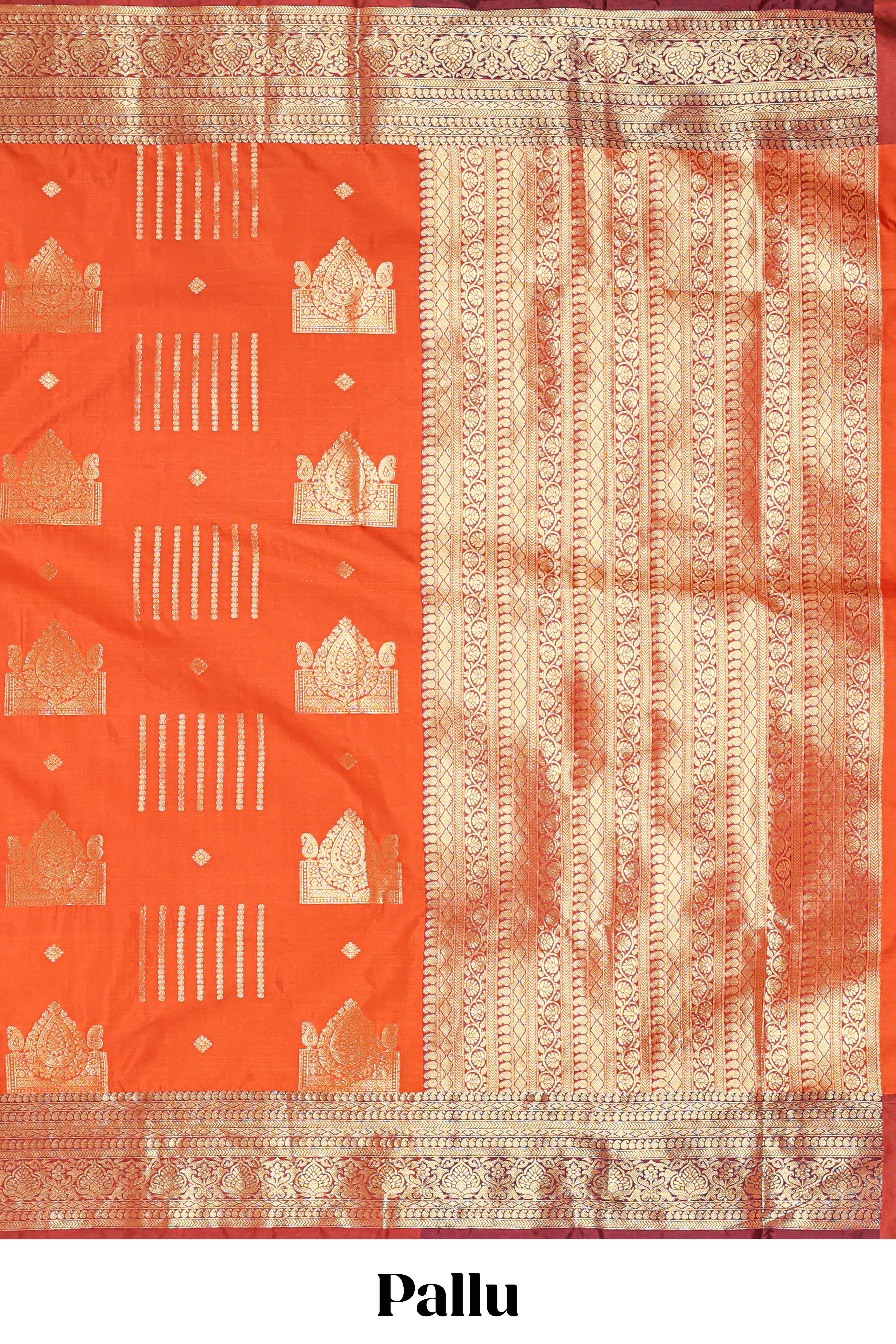 Orange geometric zari motifs design kathan silk saree with self zari border and matching blouse