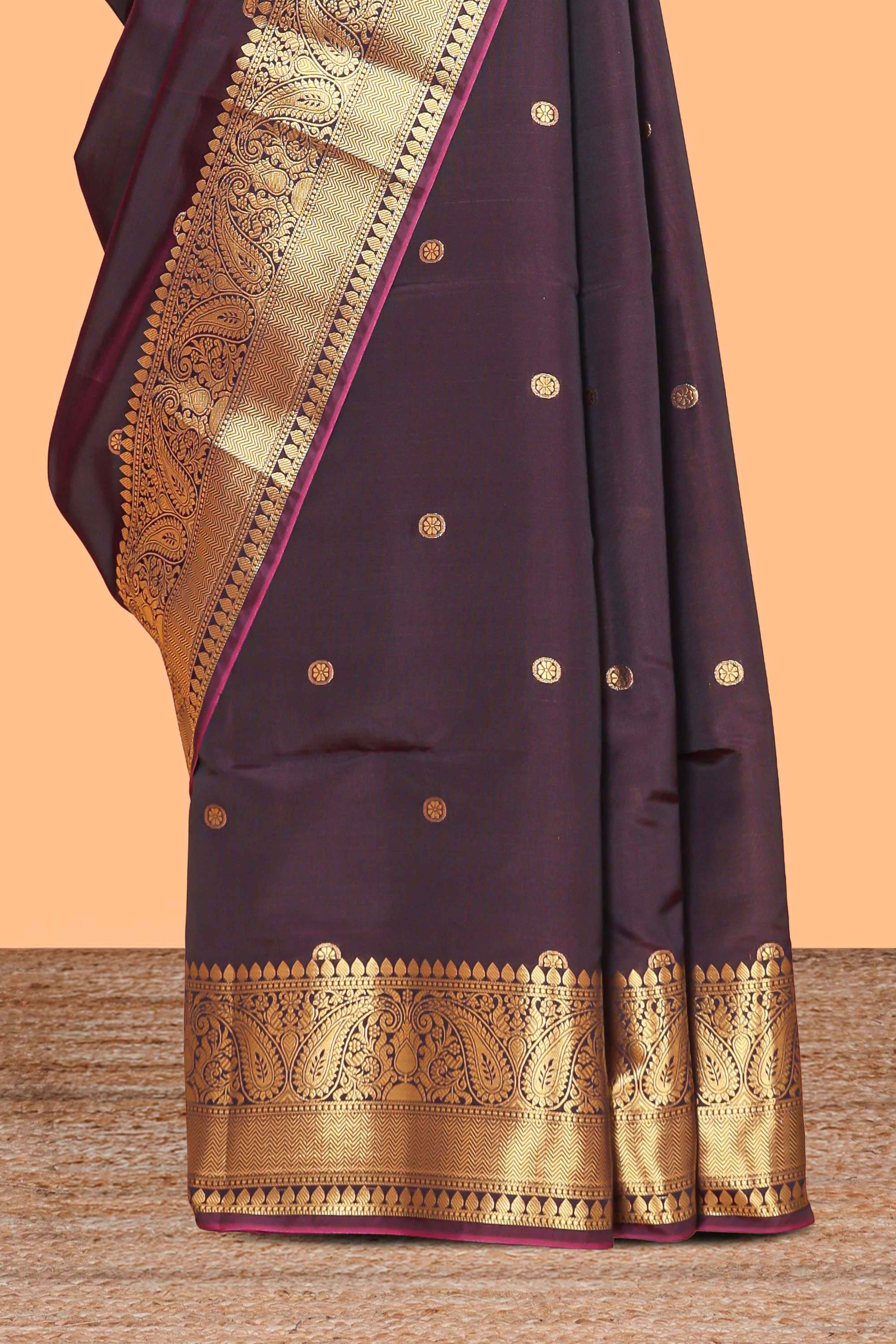 Plum purple zari motifs design kathan silk saree with self zari border and matching zari blouse