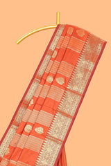 Orange striped zari motifs design kathan silk saree with self zari border and matching zari blouse