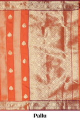Orange striped zari motifs design kathan silk saree with self zari border and matching zari blouse