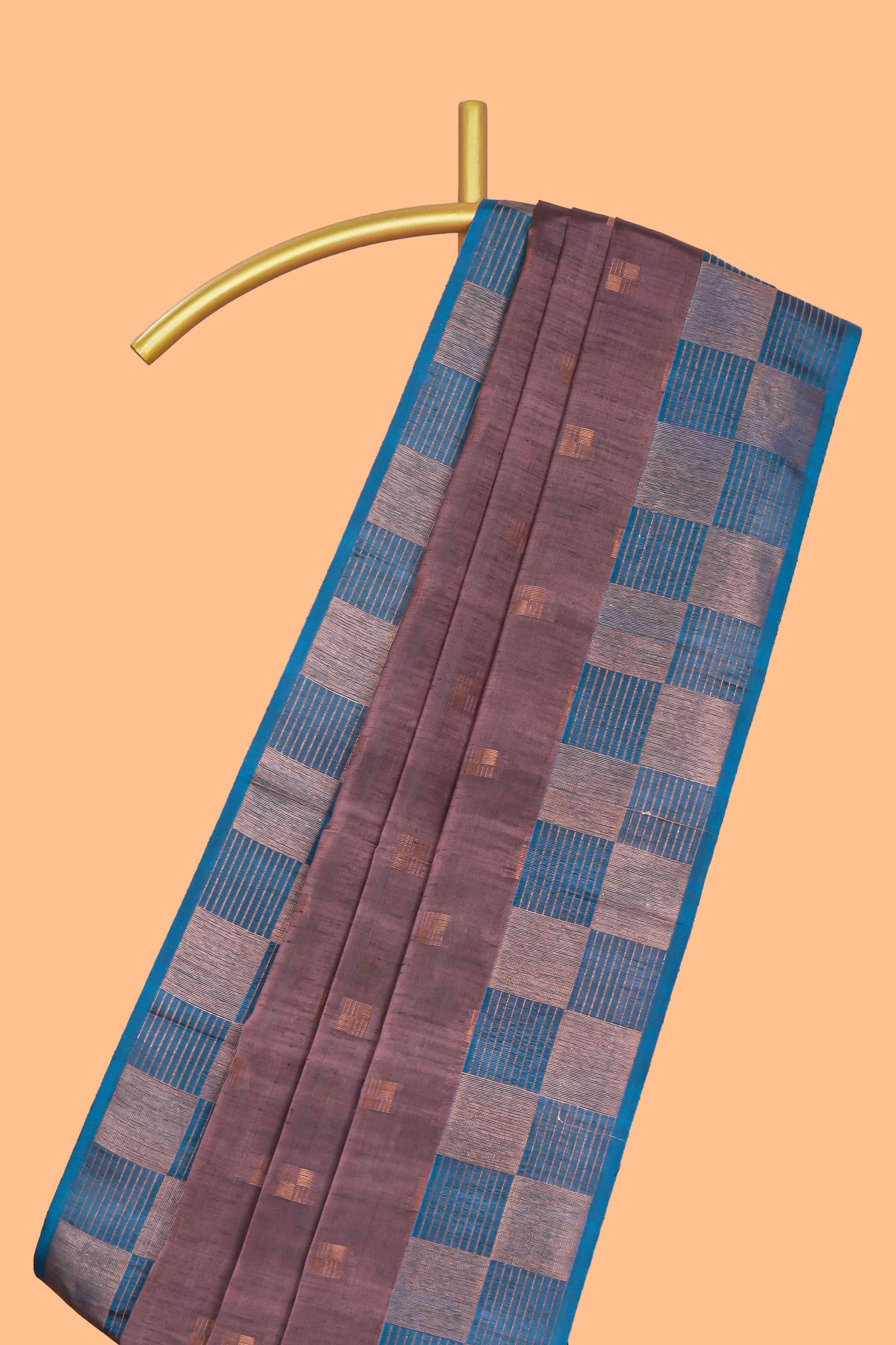 Dark mauve zari motifs design kathan silk saree with contrast border and zari checked pallu