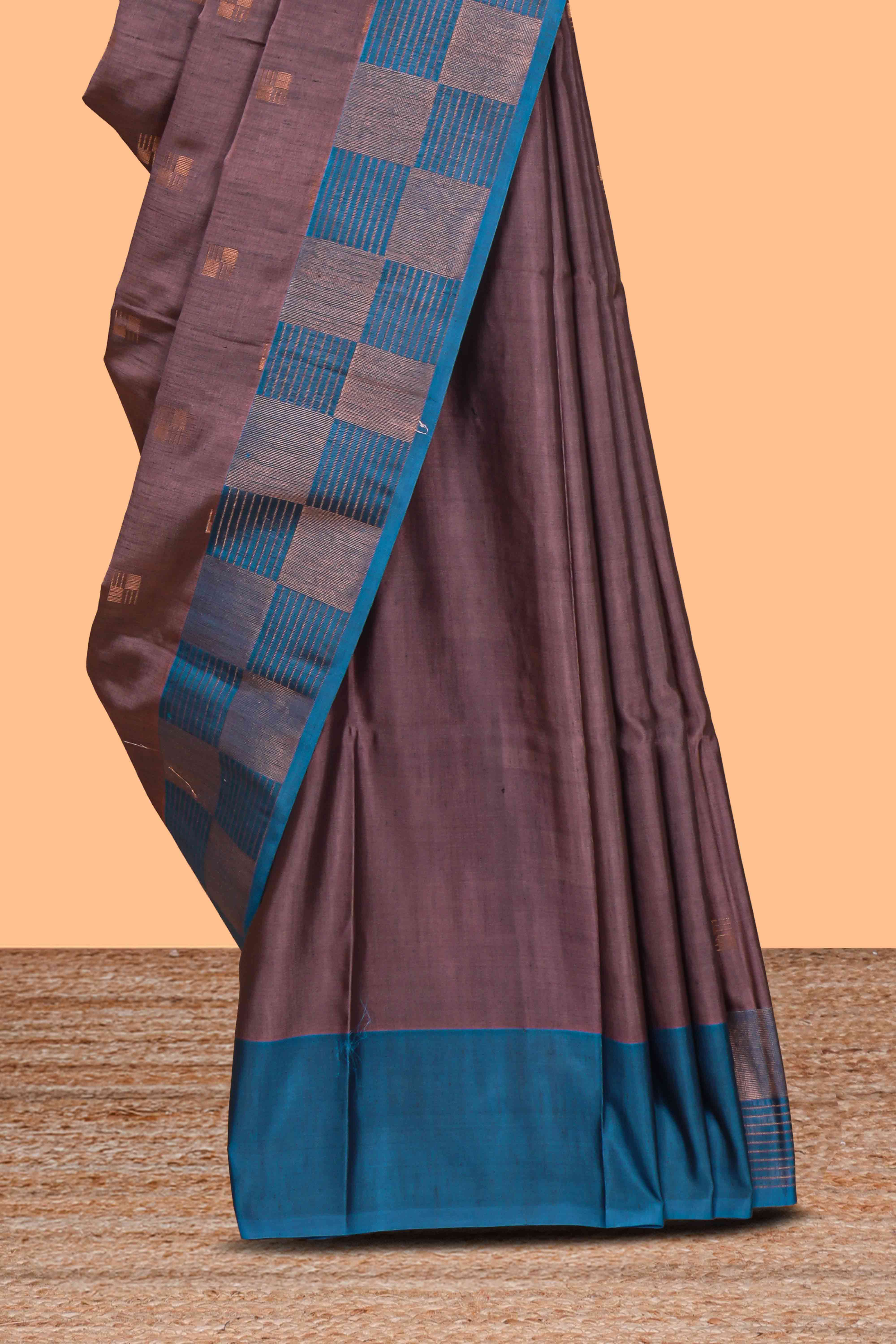 Dark mauve zari motifs design kathan silk saree with contrast border and zari checked pallu