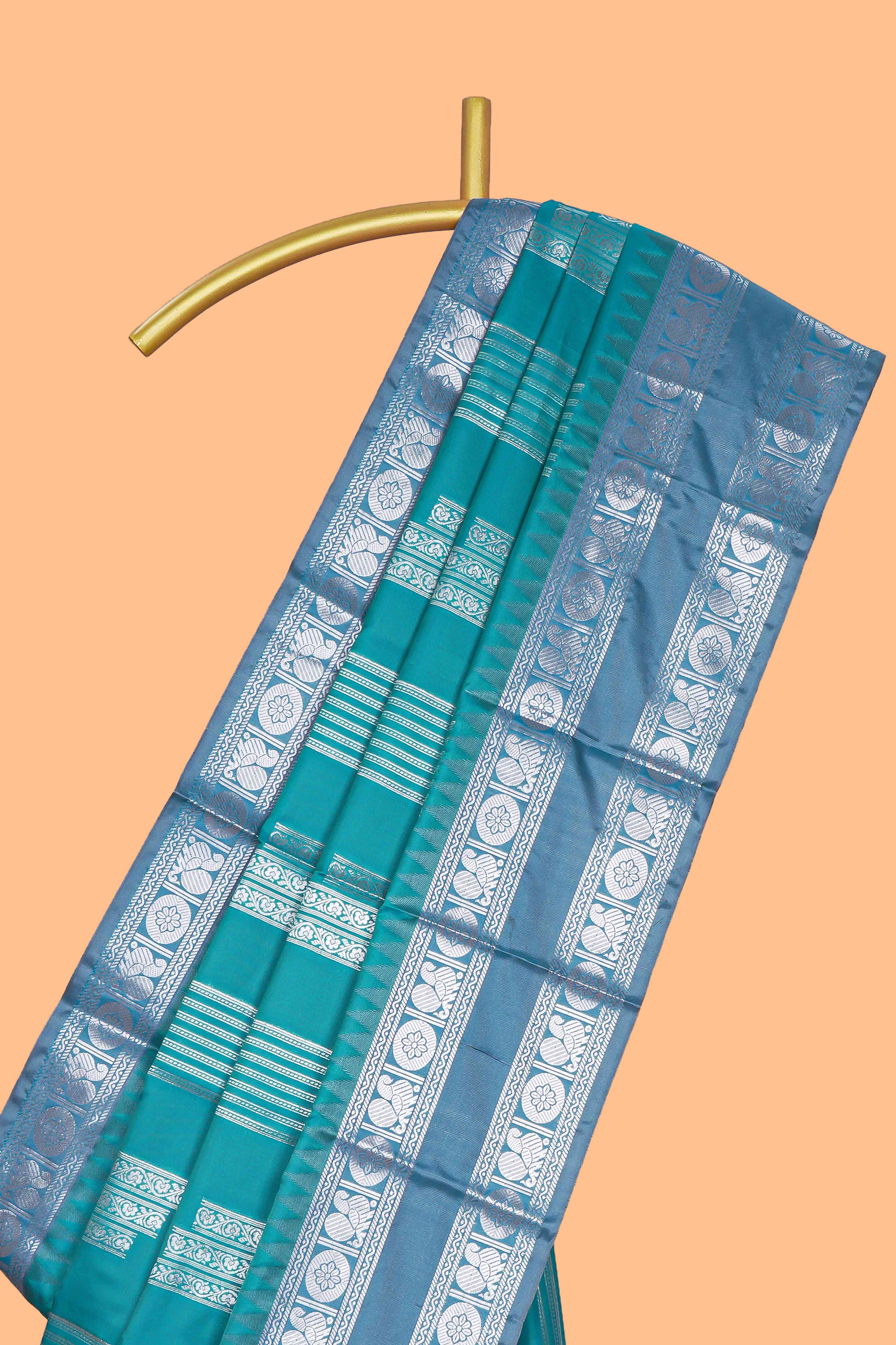 Teal blue geometric zari motifs design kathan silk saree with contrast border and matching blouse