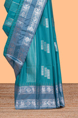 Teal blue geometric zari motifs design kathan silk saree with contrast border and matching blouse