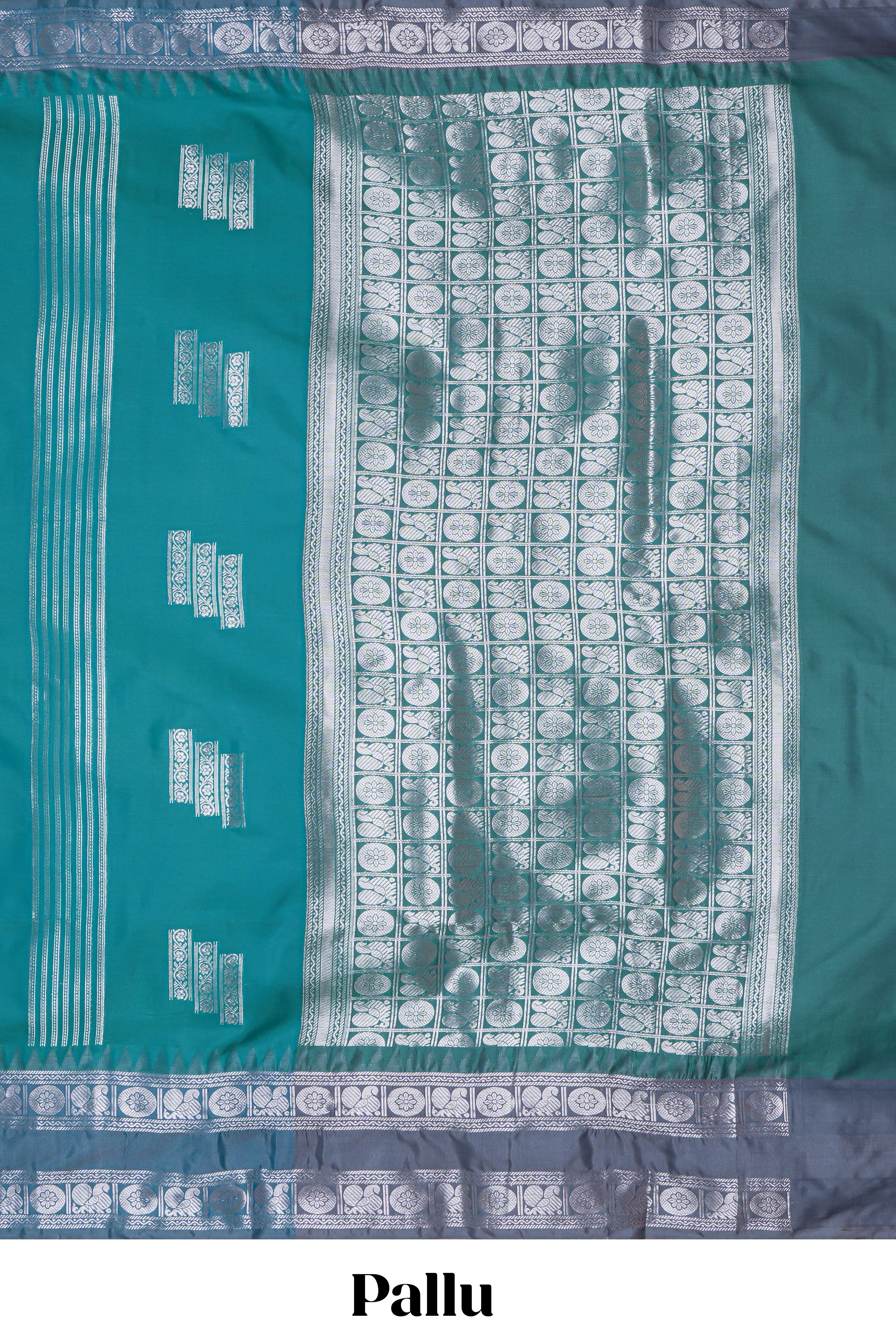 Teal blue geometric zari motifs design kathan silk saree with contrast border and matching blouse