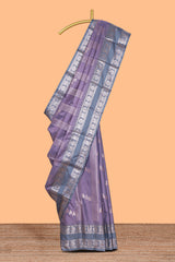 Lavender geometric zari motifs design kathan silk saree with contrast border and matching blouse