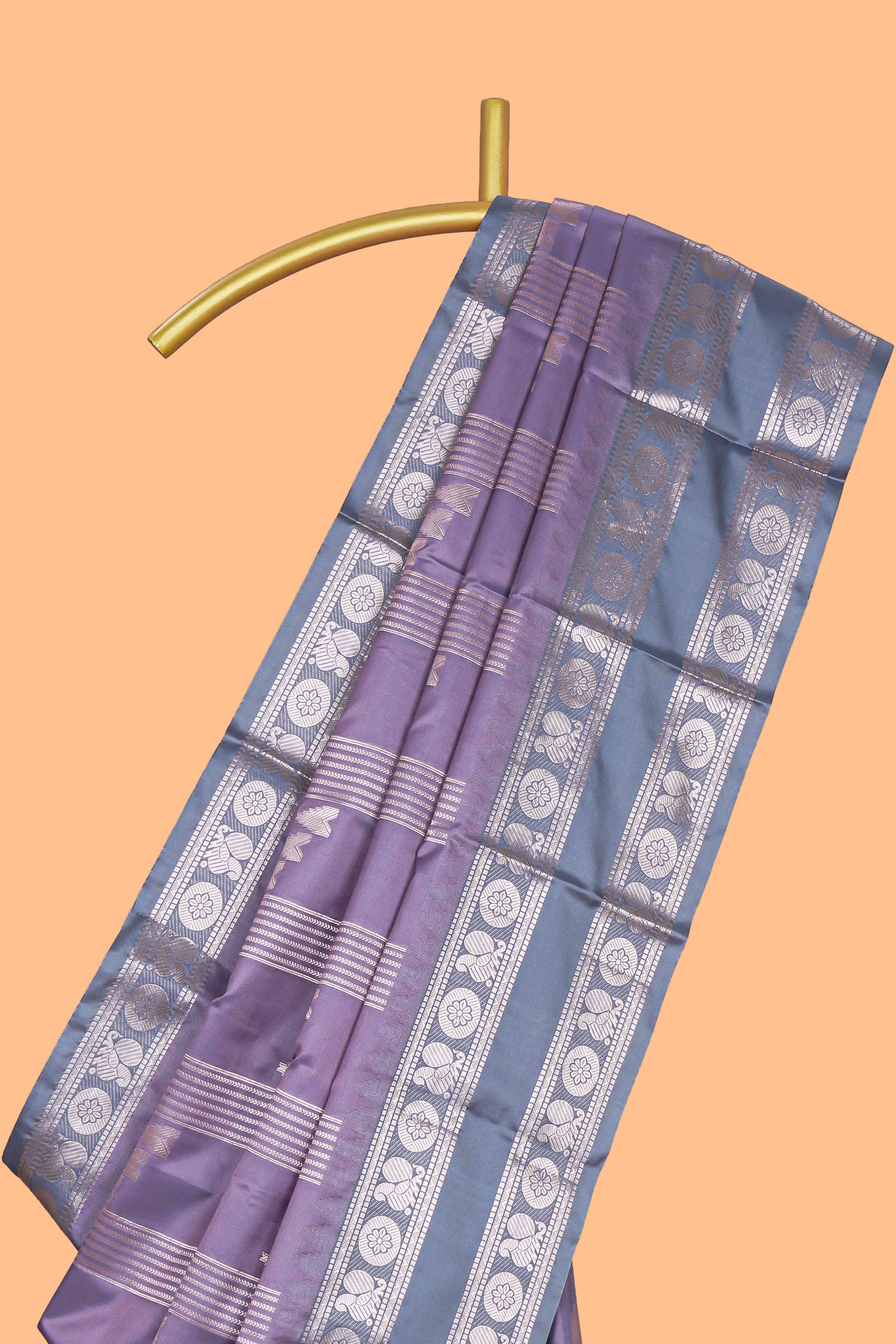 Lavender geometric zari motifs design kathan silk saree with contrast border and matching blouse