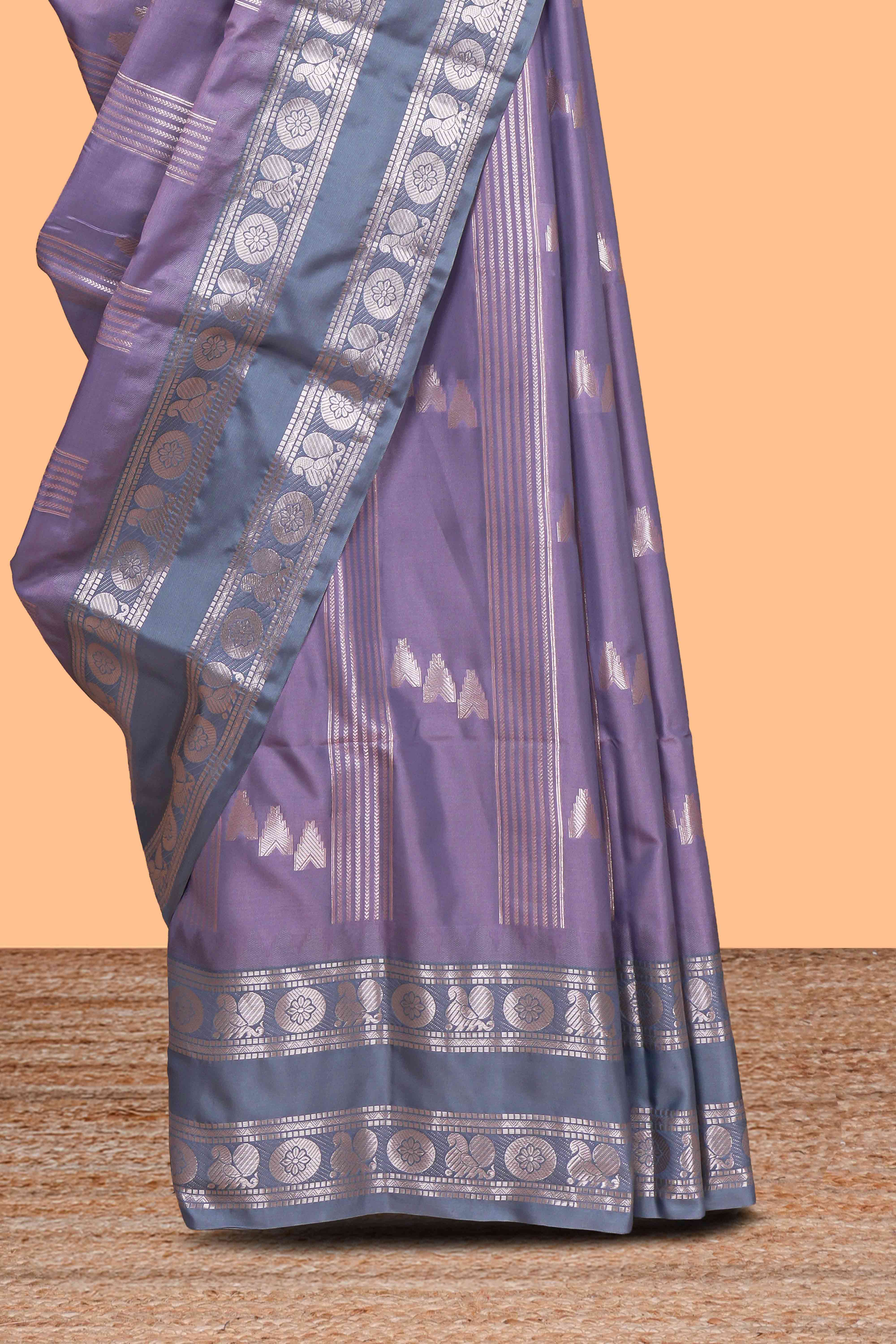 Lavender geometric zari motifs design kathan silk saree with contrast border and matching blouse