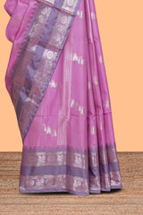 Pink geometric zari motifs design kathan silk saree with contrast border and matching blouse