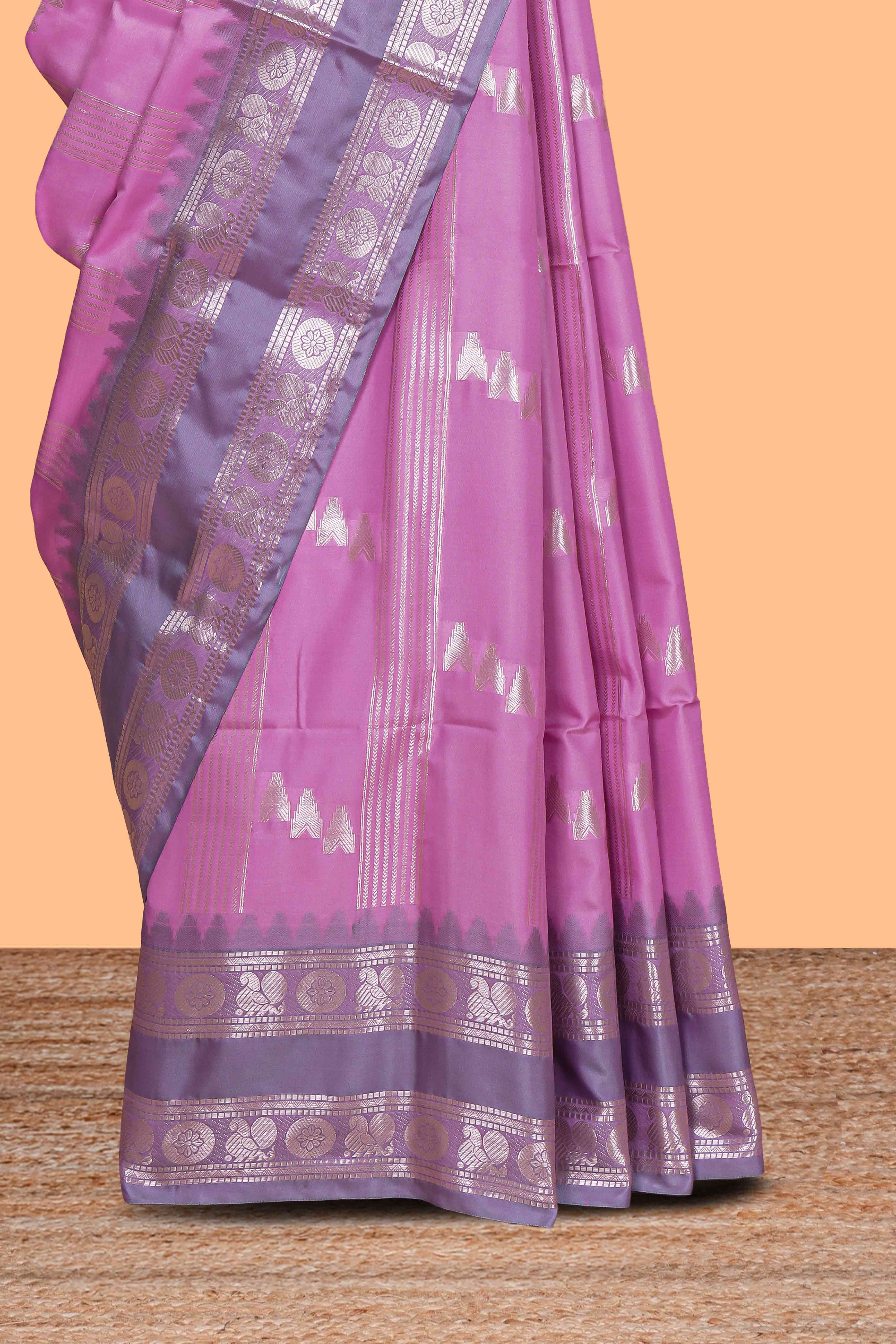 Pink geometric zari motifs design kathan silk saree with contrast border and matching blouse