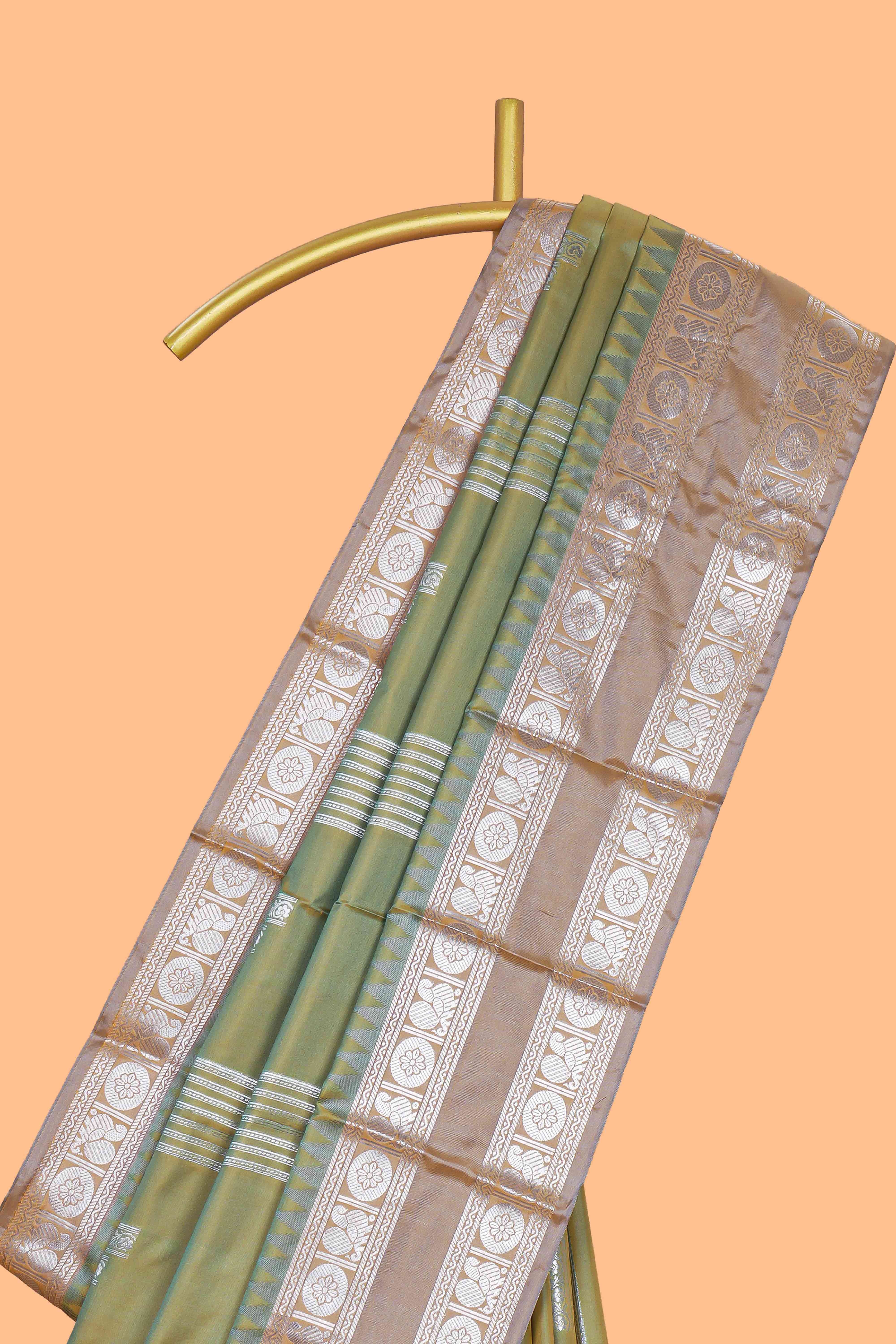 Green geometric zari motifs design kathan silk saree with contrast border and matching blouse