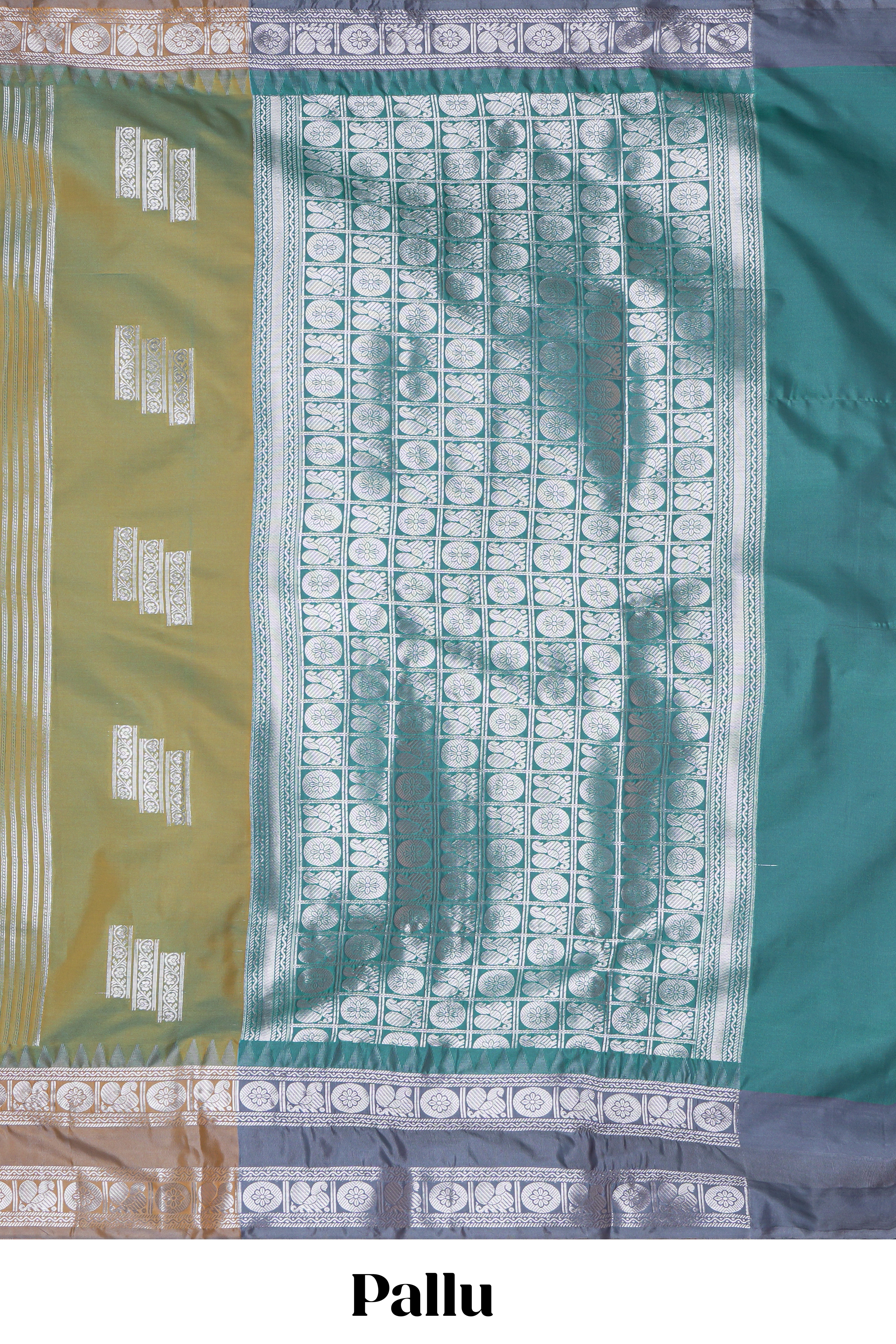 Green geometric zari motifs design kathan silk saree with contrast border and matching blouse