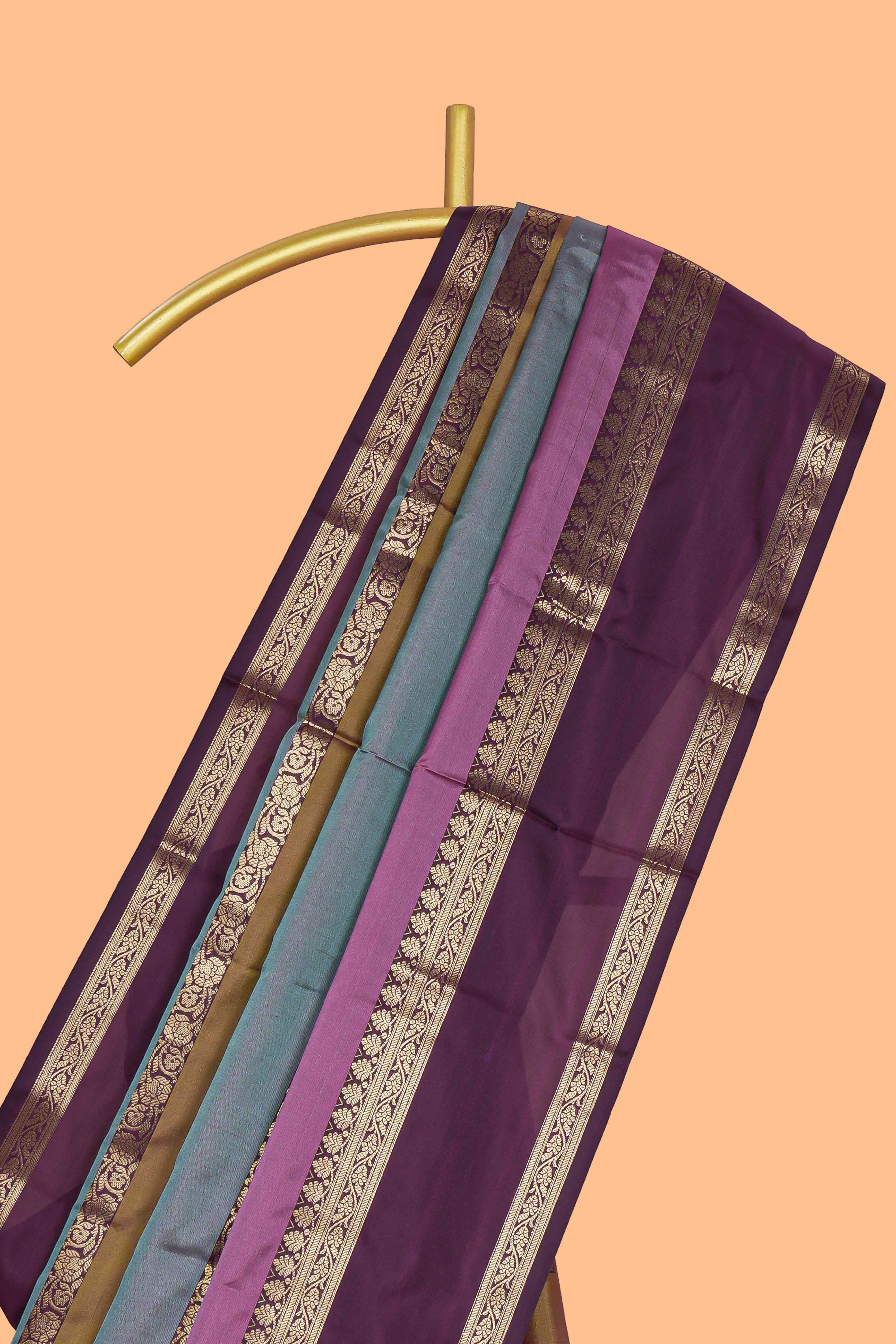 Multi color striped zari design kathan silk saree with self zari border and contrast striped blouse