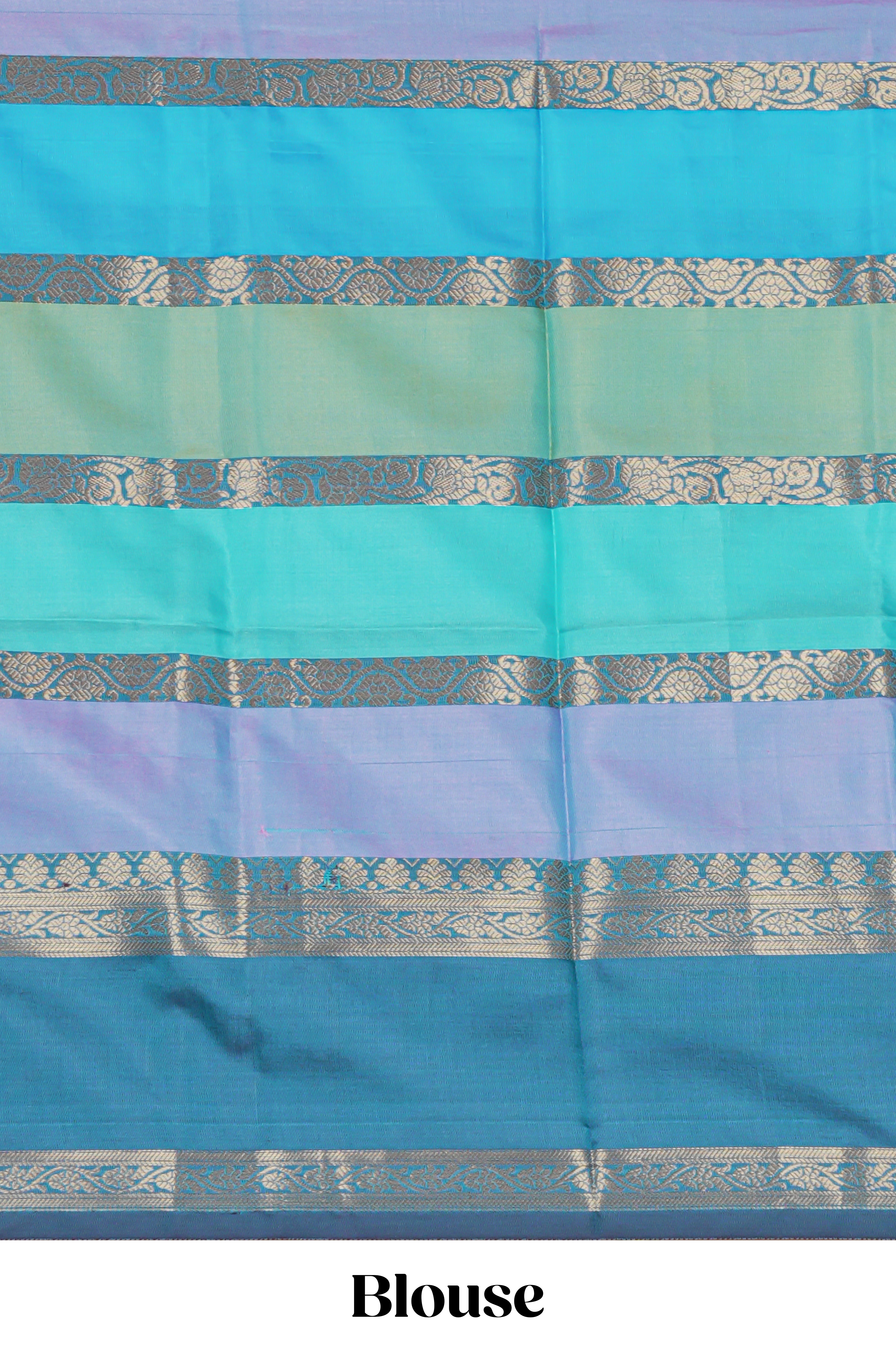 Multi color striped zari design kathan silk saree with self zari border and contrast striped blouse