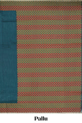 Midnight green plain kota cotton saree with contrast border and geometic floral design blouse