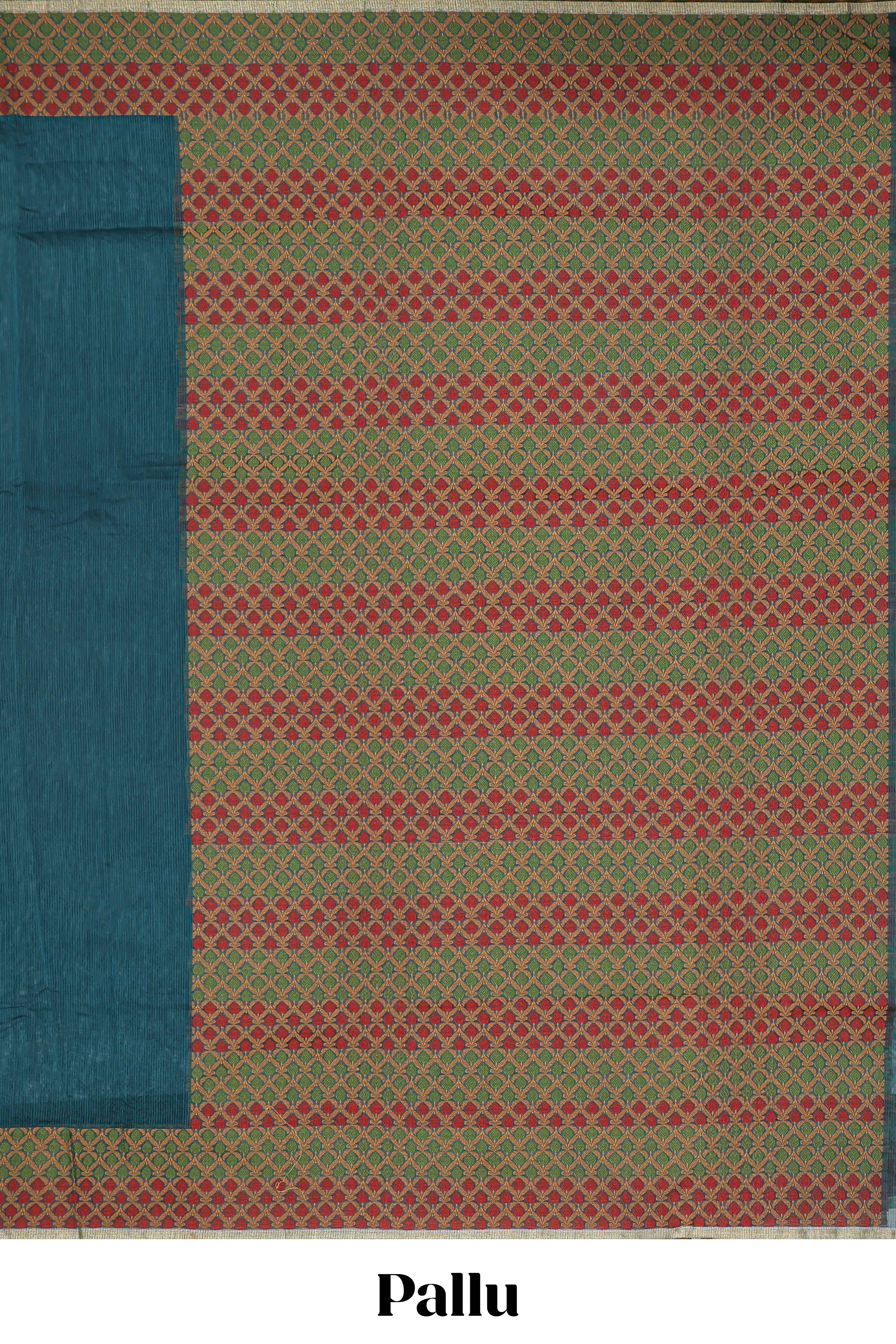 Midnight green plain kota cotton saree with contrast border and geometic floral design blouse