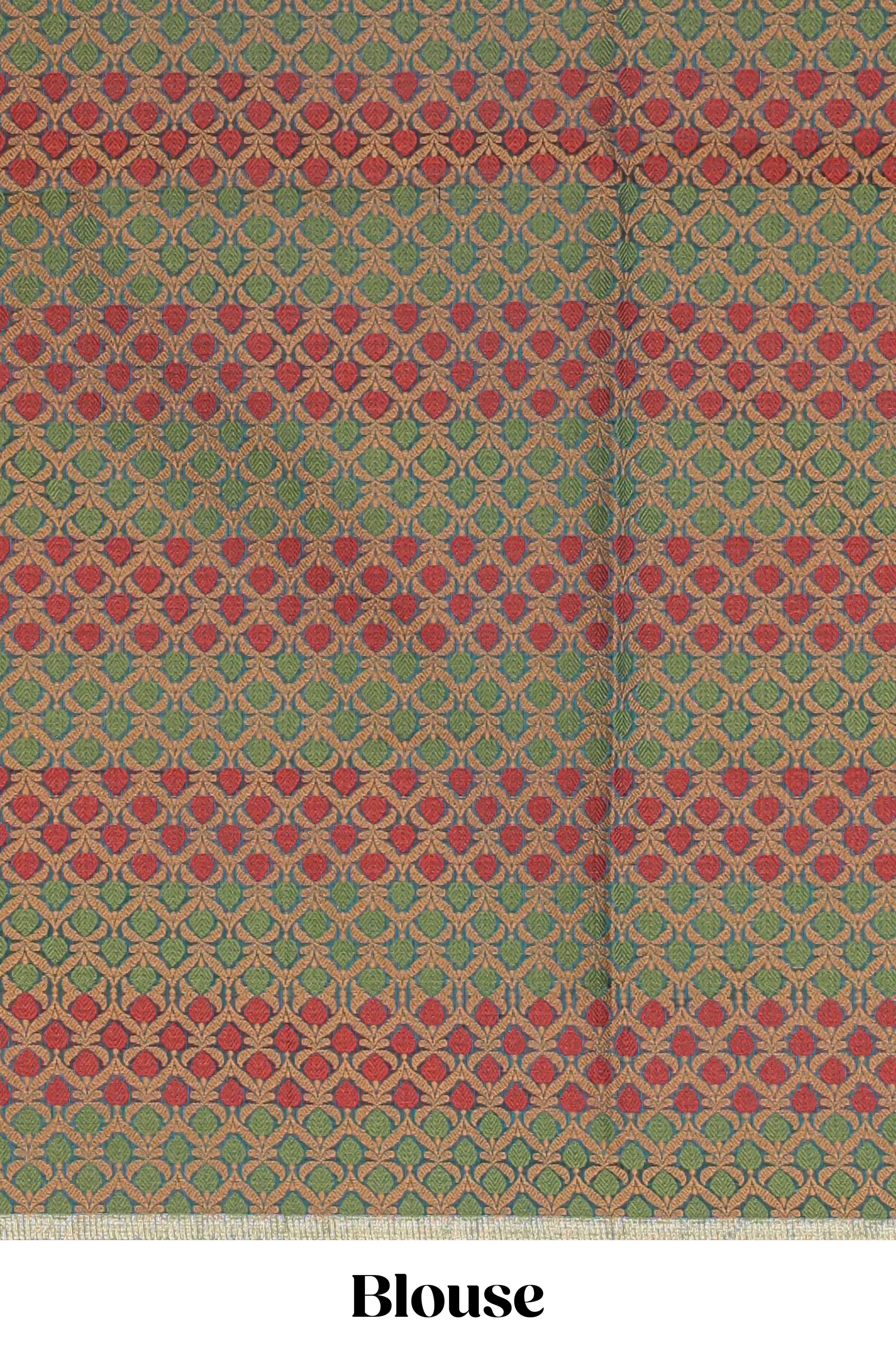 Midnight green plain kota cotton saree with contrast border and geometic floral design blouse