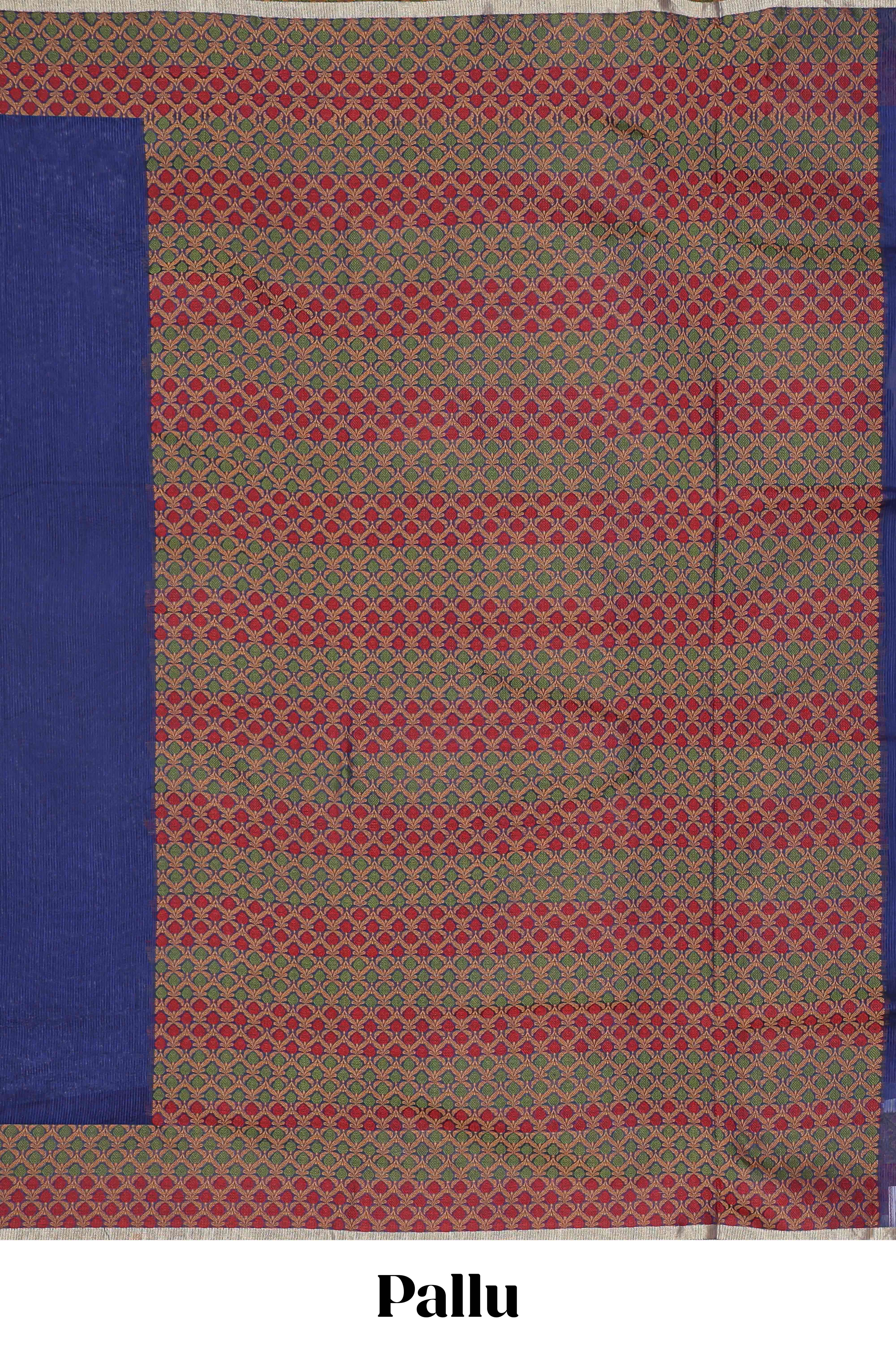 Blue plain kota cotton saree with contrast border and geometic floral design blouse