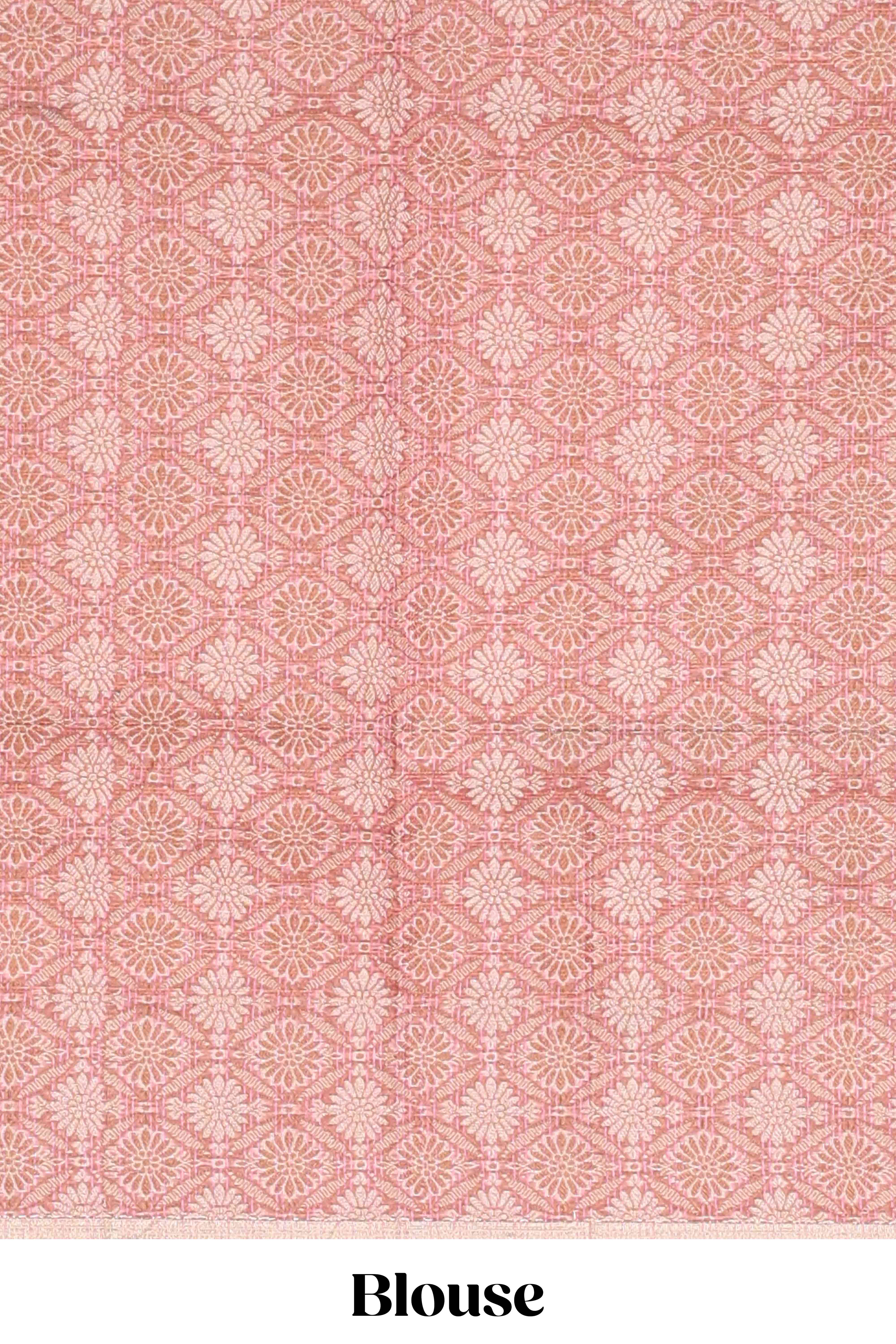 Pink checked kota cotton saree with contrast border and floral design blouse