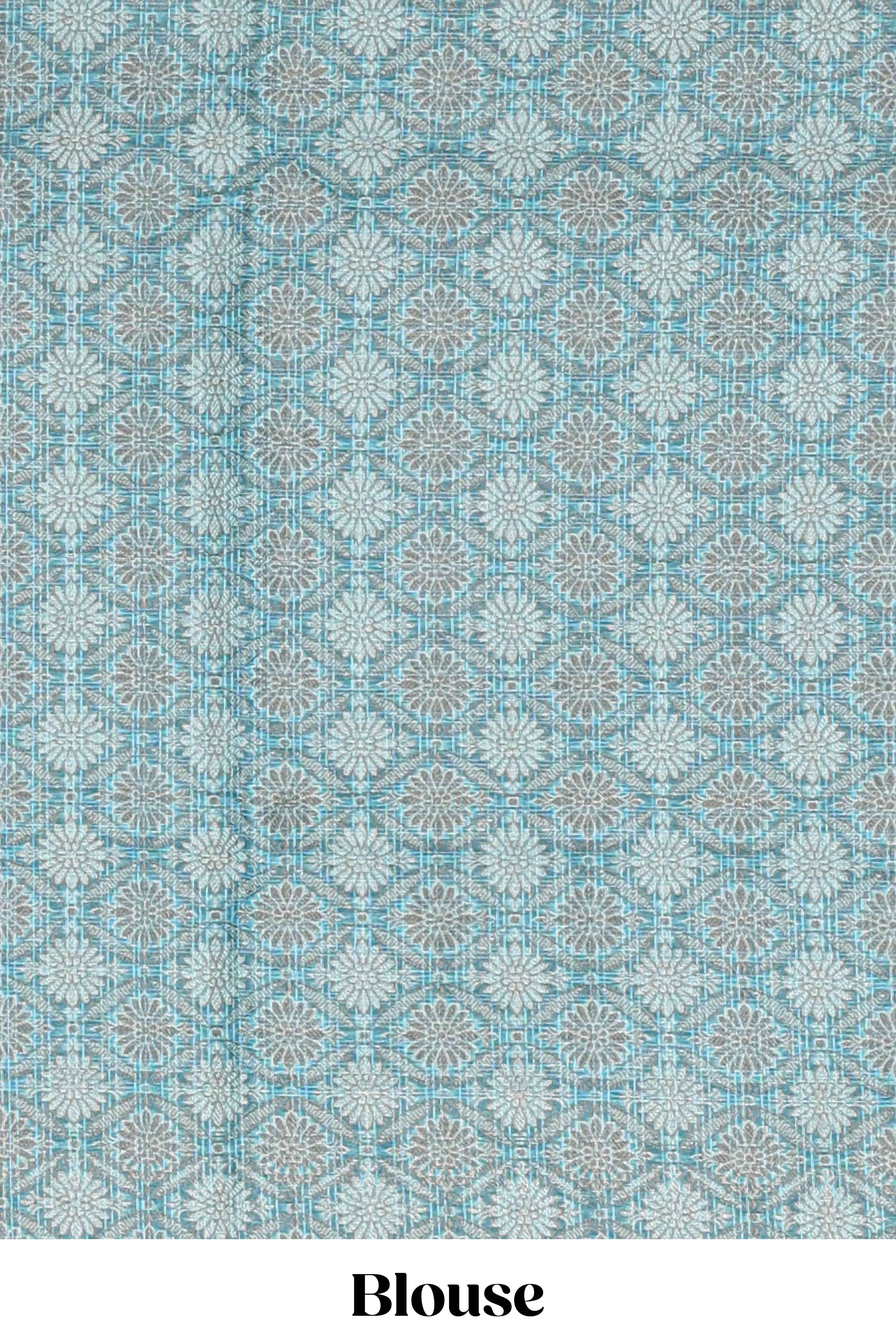 Blue checked kota cotton saree with contrast border and floral design blouse