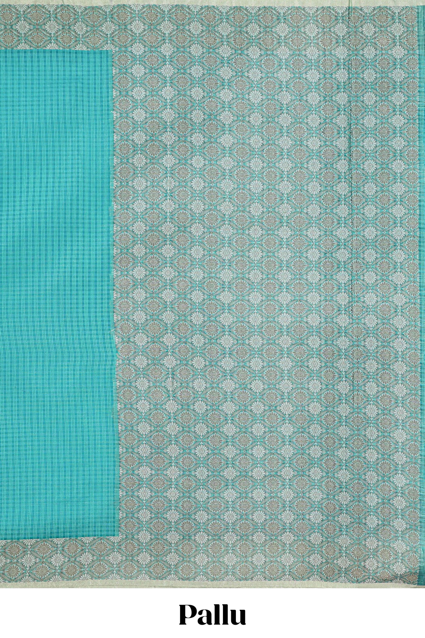 Turquoise blue checked kota cotton saree with contrast border and floral design blouse
