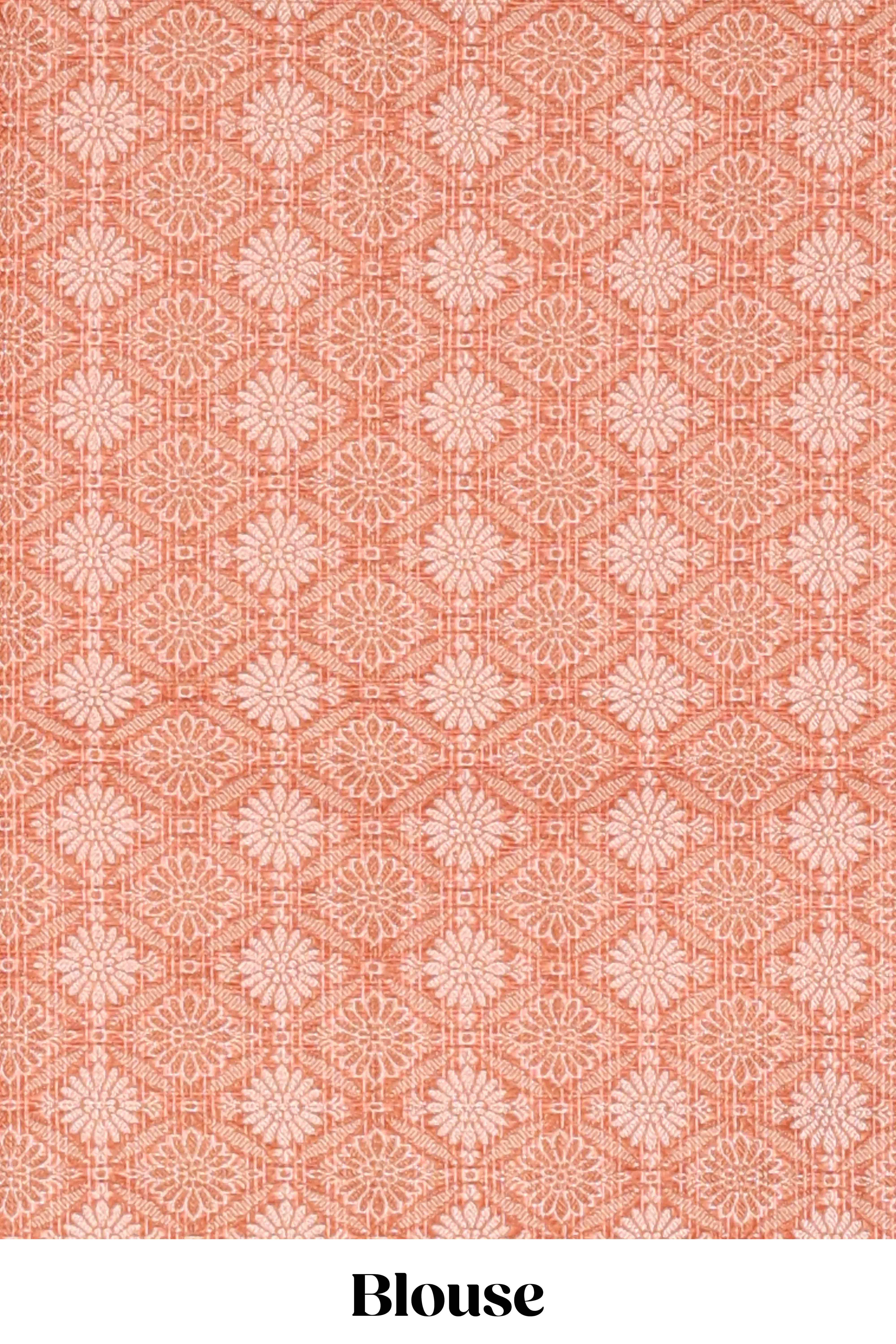 Orange checked kota cotton saree with contrast border and floral design blouse