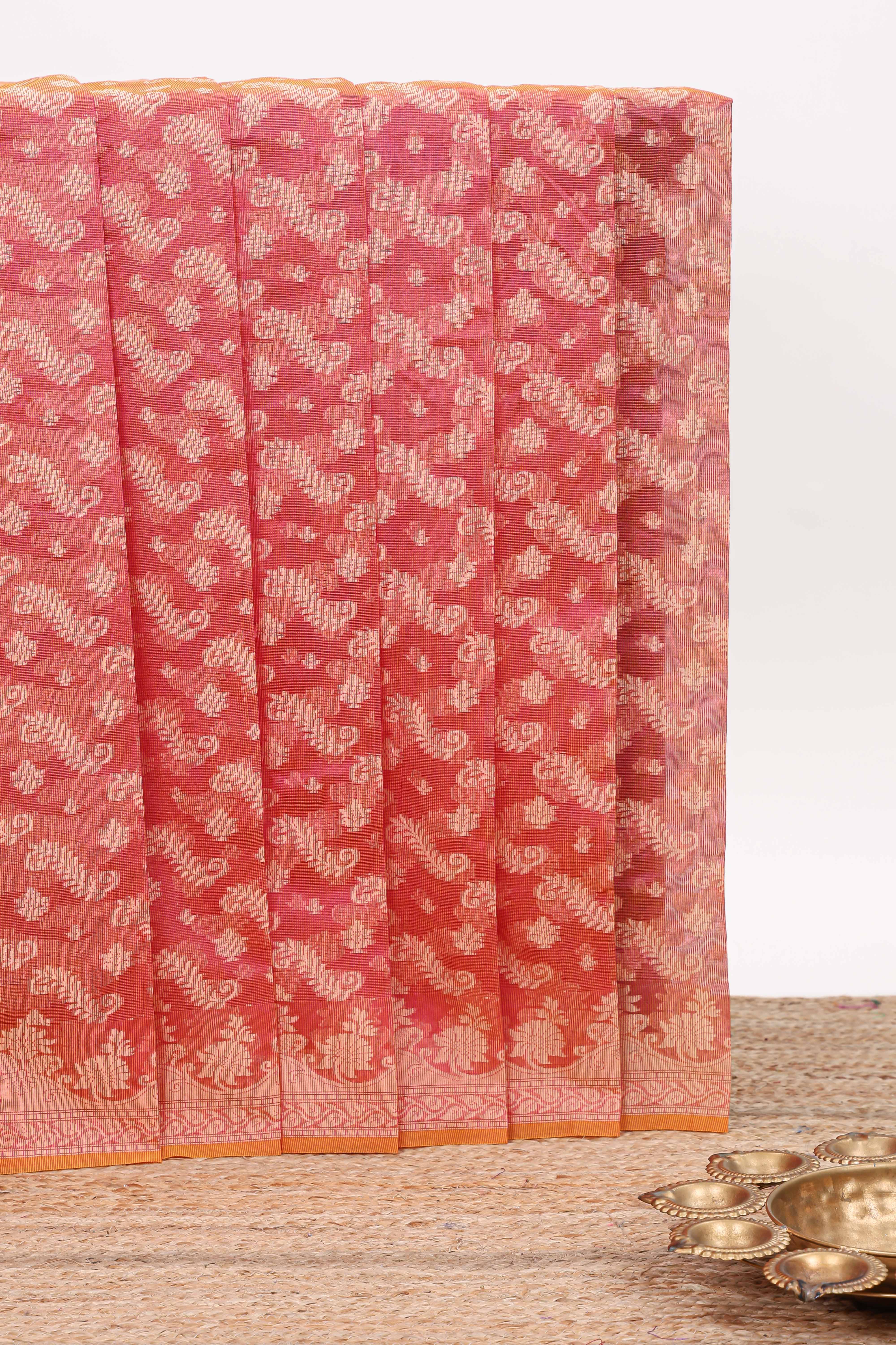 Red leaf design kota cotton saree with self border and matching blouse