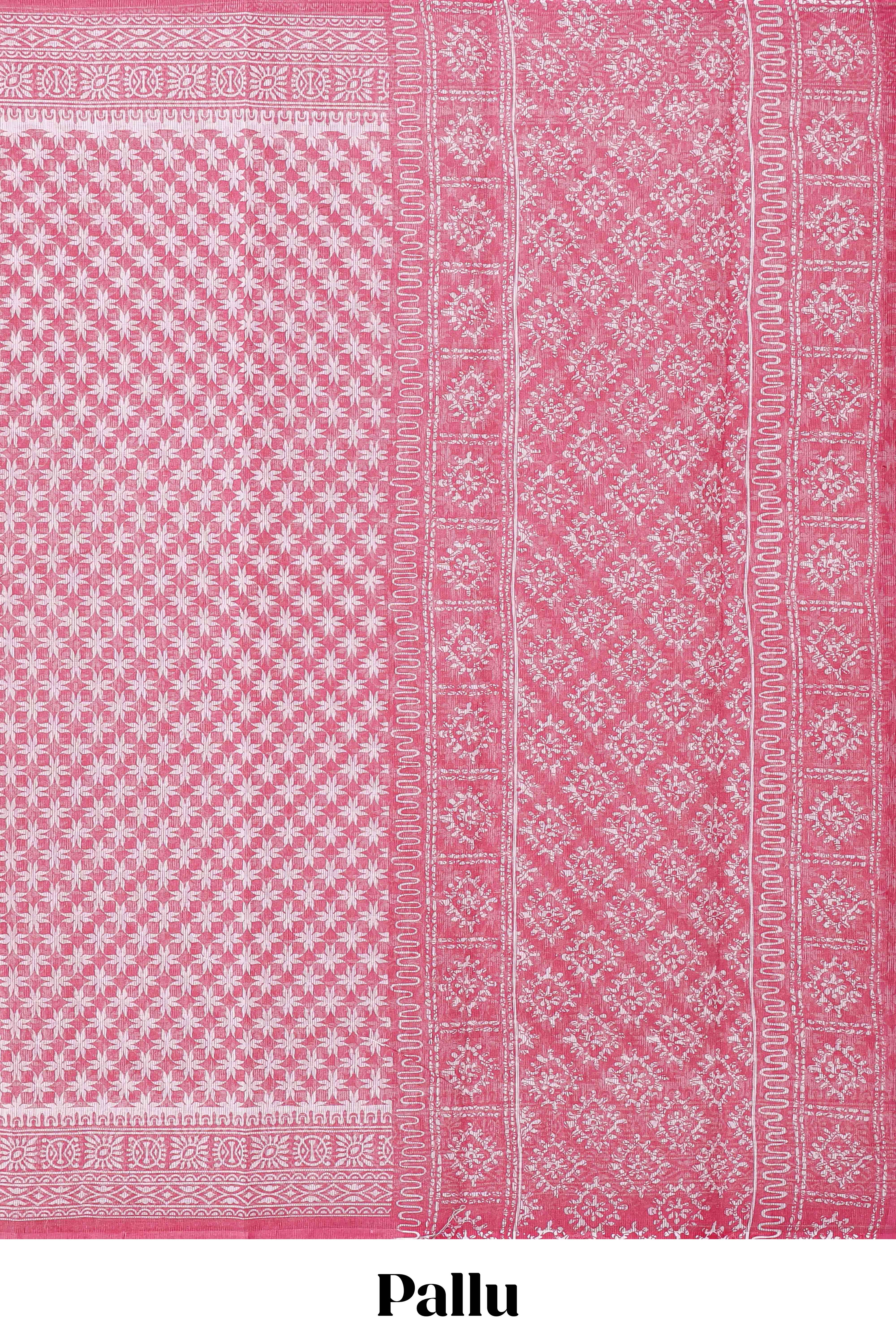 Pink floral design kota cotton saree with self border and contrast floral print blouse