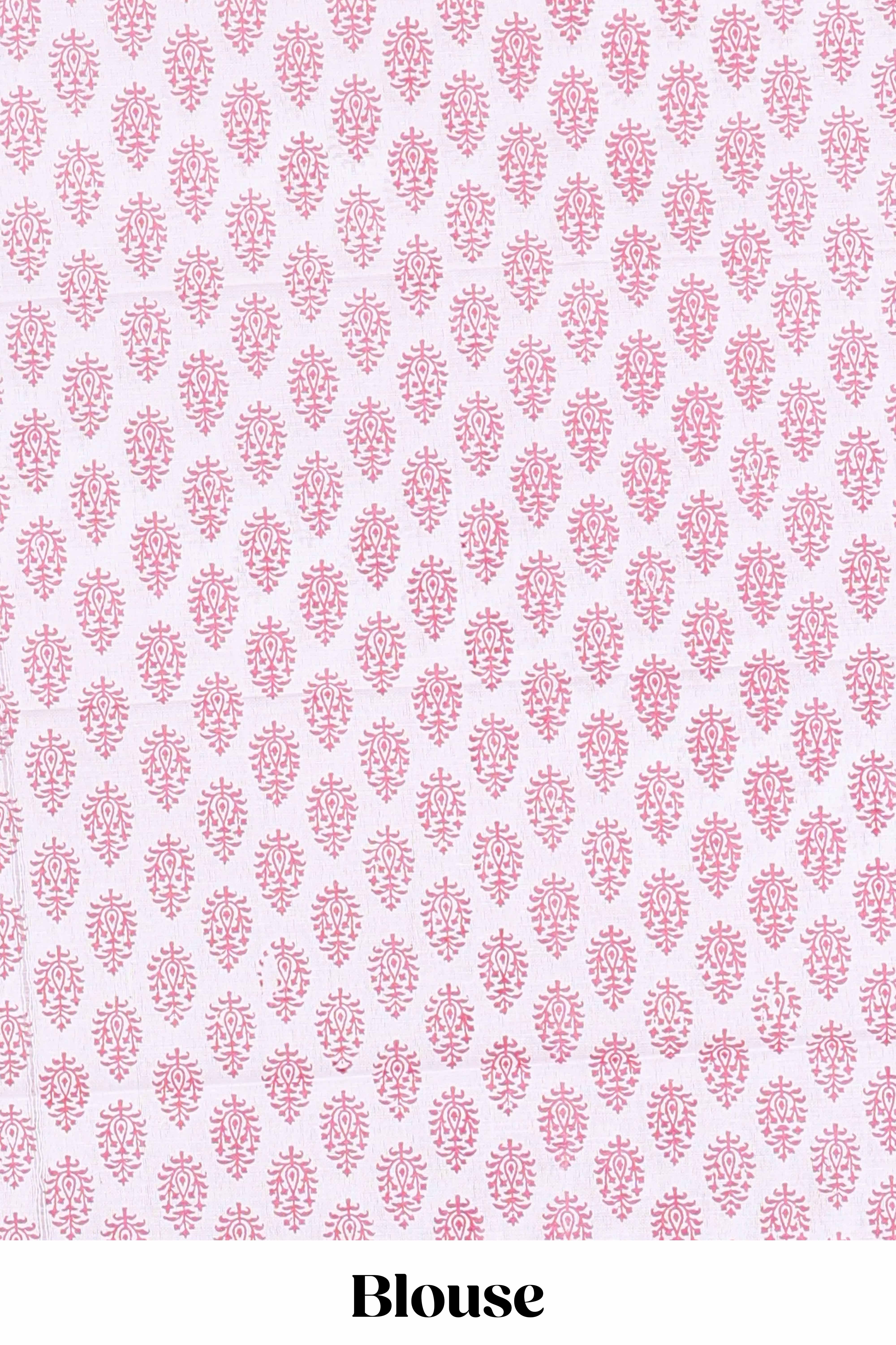 Pink floral design kota cotton saree with self border and contrast floral print blouse