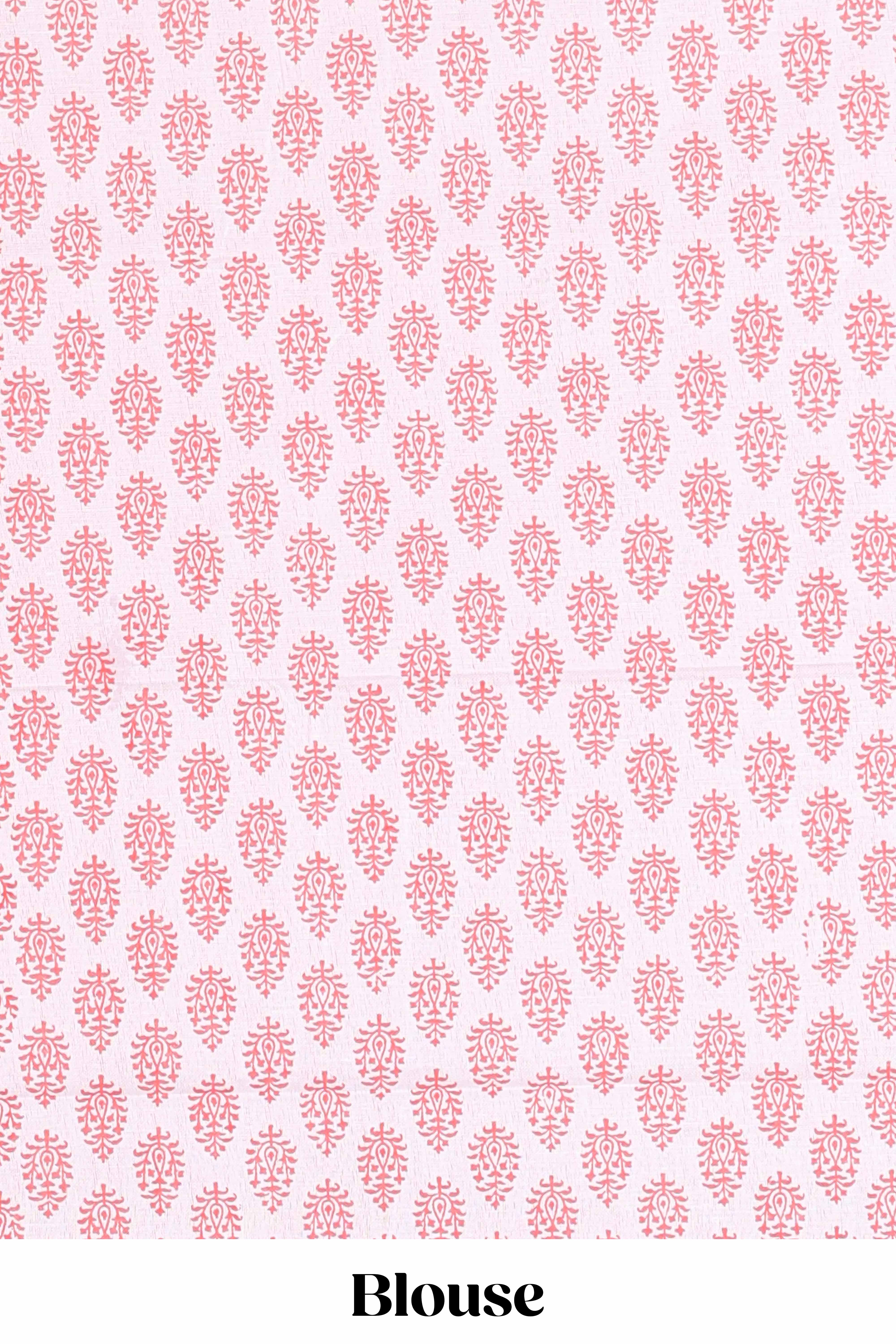 Pink checked design kota cotton saree with self border and contrast floral print blouse
