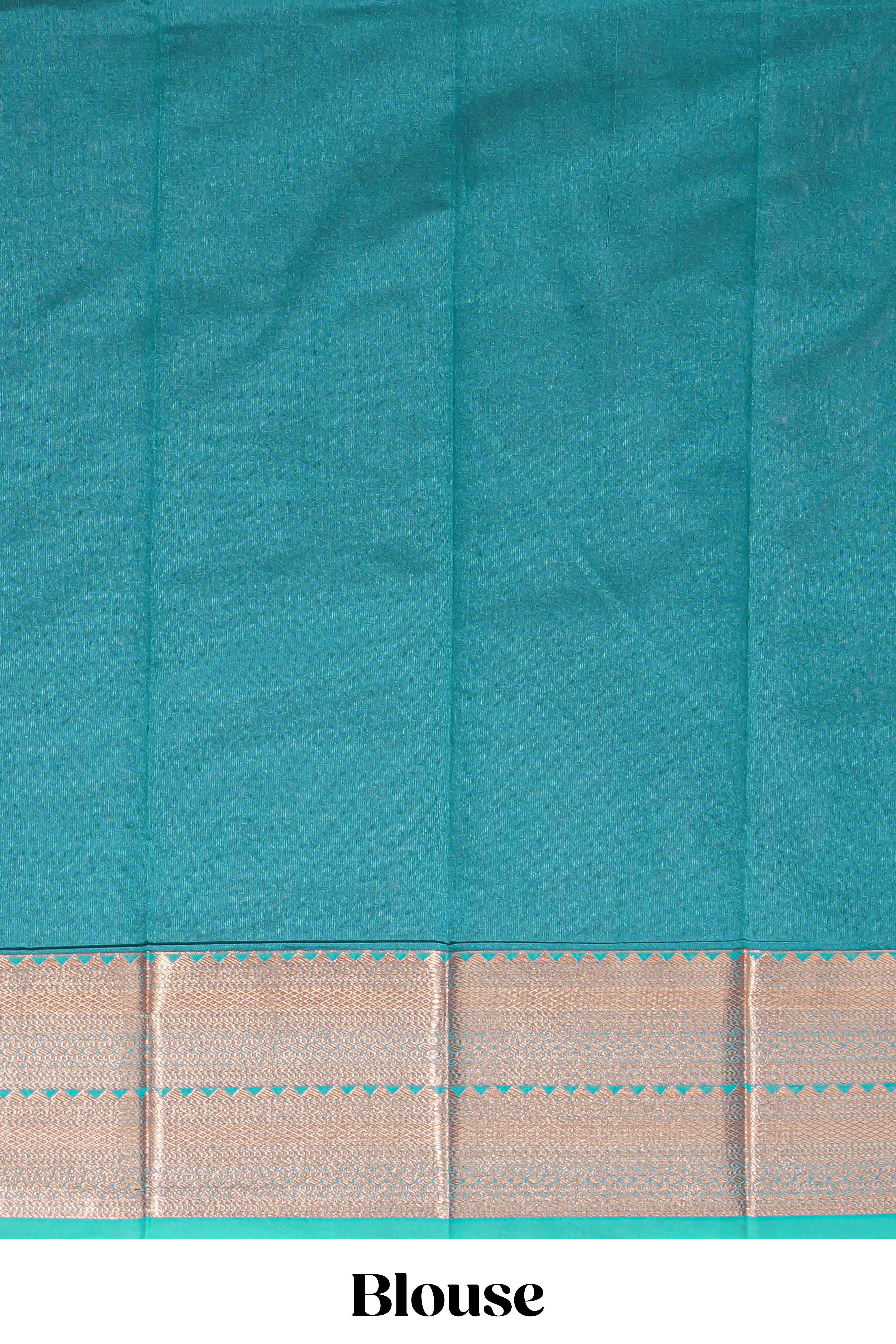 Rich magenta tussar saree with gold zari floral buttas teal zari border and woven zari pallu with contrast blouse piece