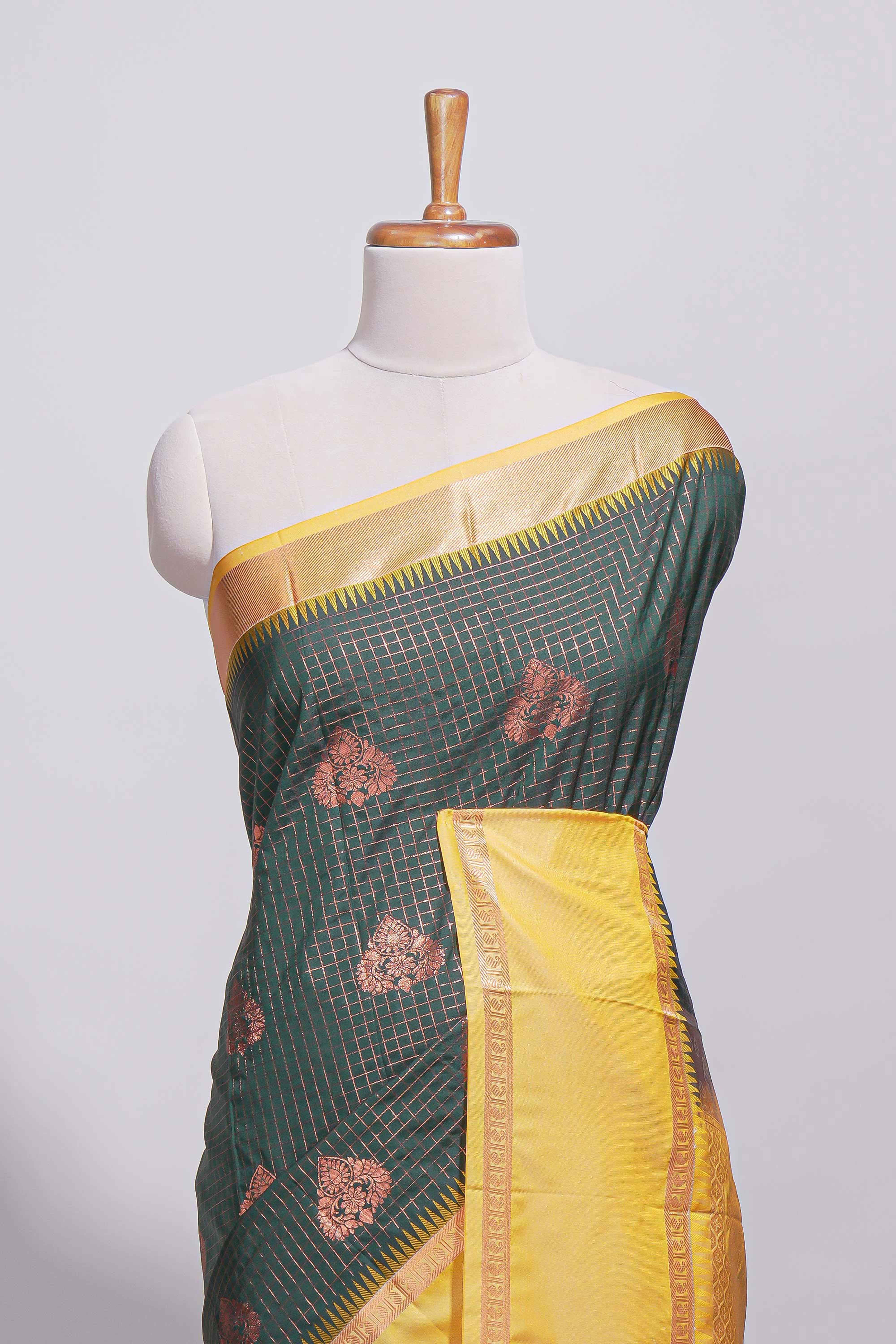 Deep bottle kotta cotton saree green with copper zari floral buttas a rich zari border and woven zari pallu with matching blouse piece