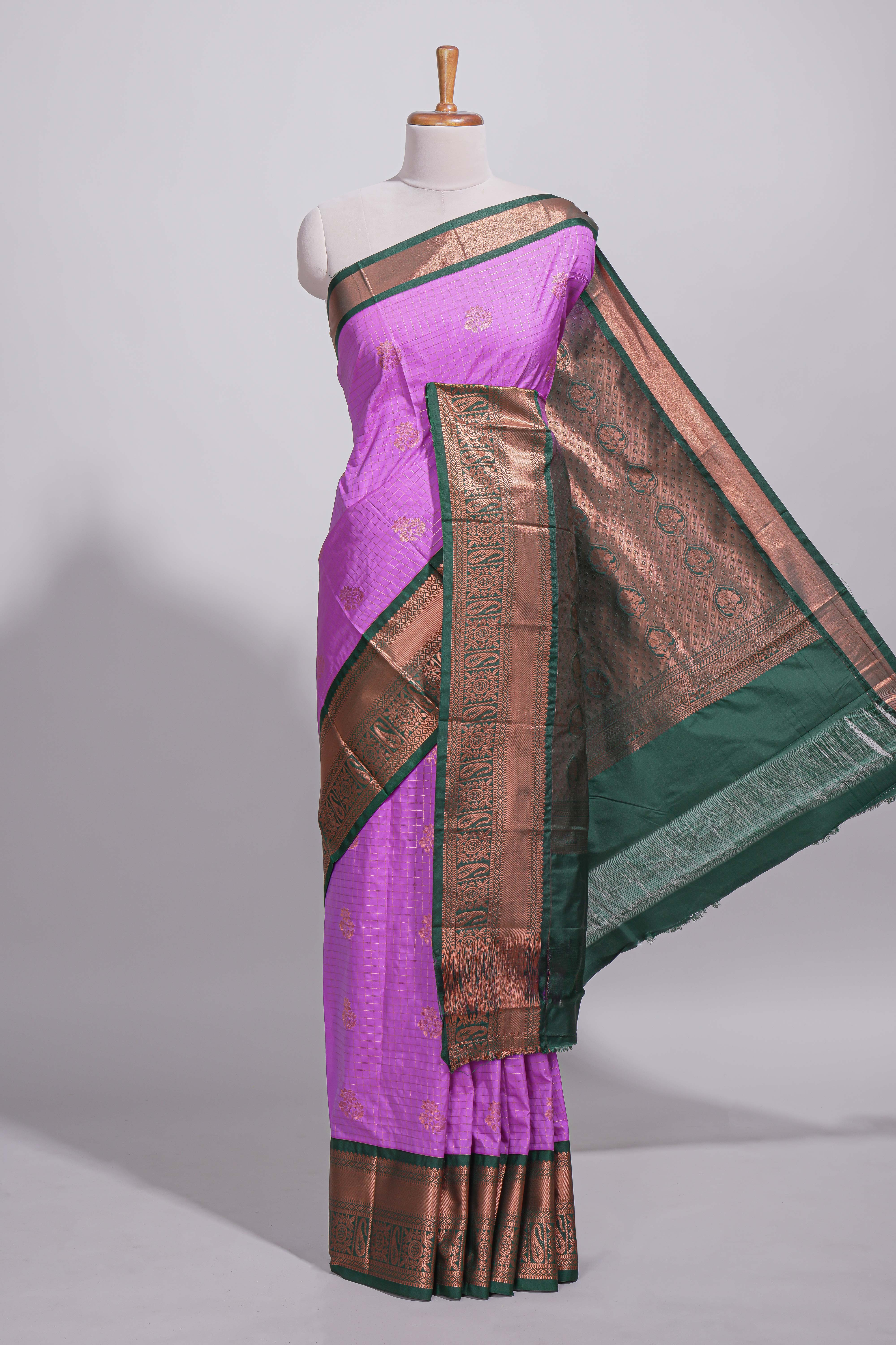 Purple colour kotta cotton saree with copper zari floral buttas a rich zari border and woven zari pallu with matching blouse piece