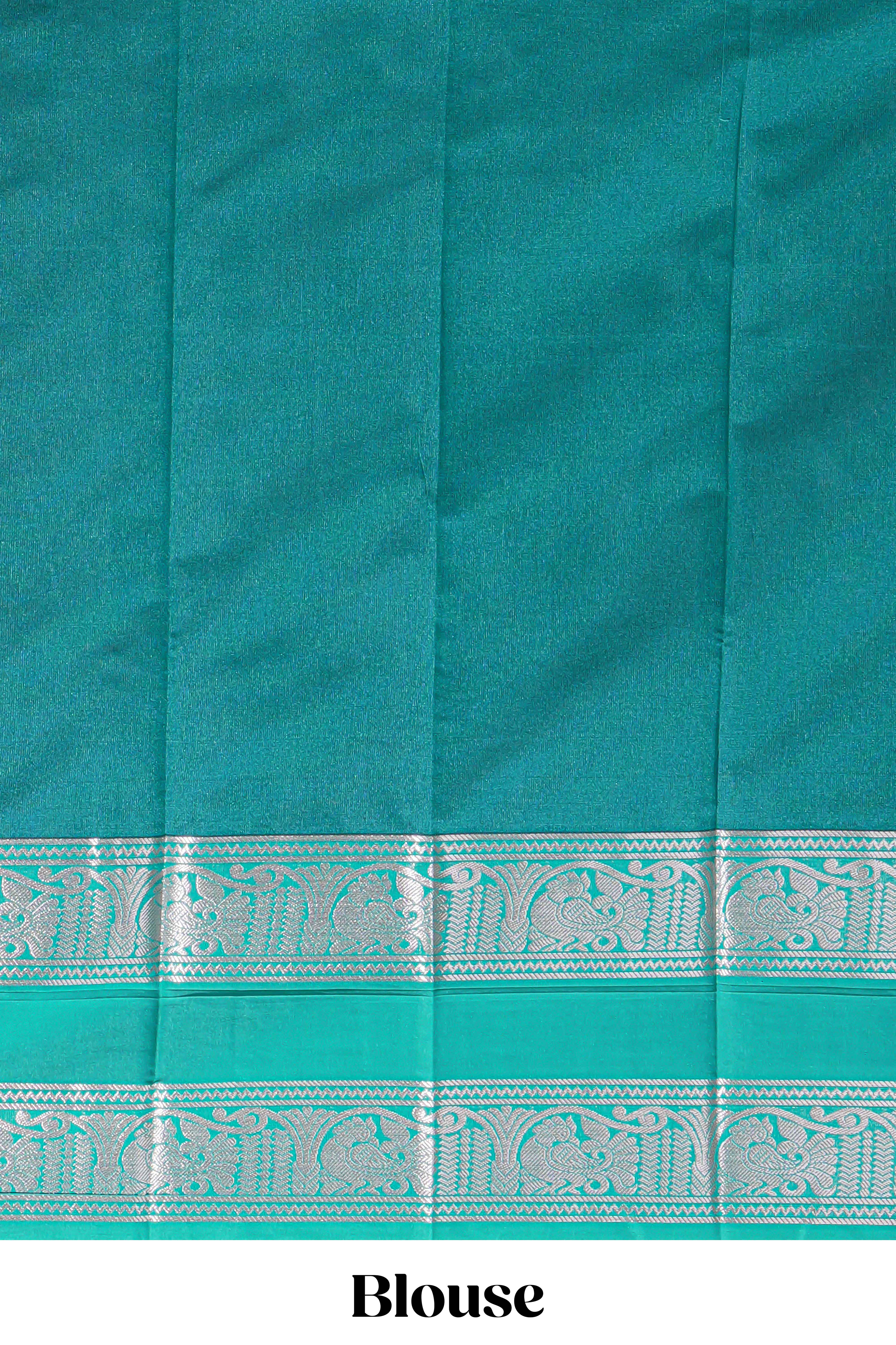 Navy blue tussar saree with silver zari square buttas retta petta zari border and woven zari pallu with contrast blouse piece