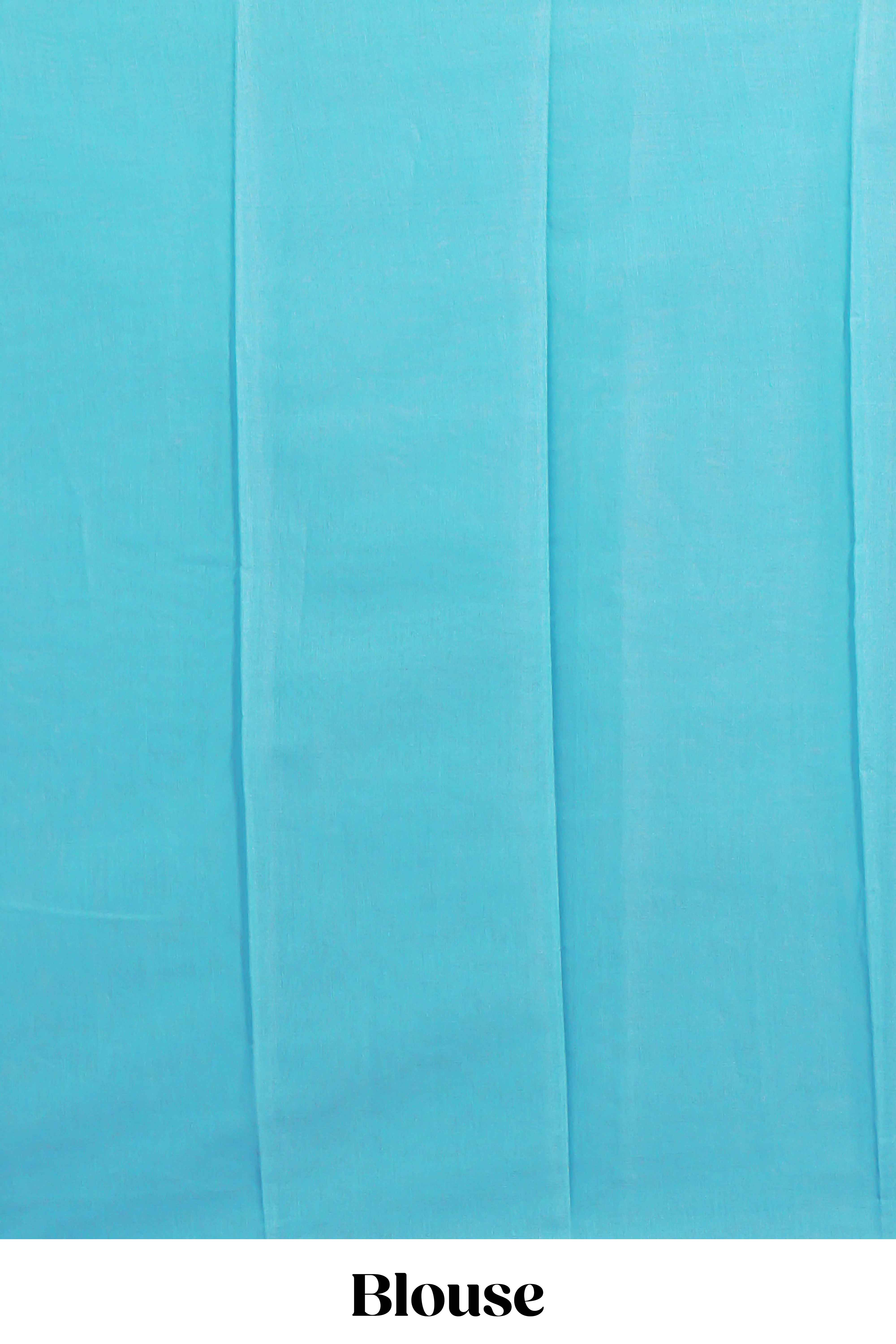 Sky blue Kotta cotton saree with woven buttas contrasting purple Ikat-inspired border and a geometric woven pallu with matching blouse