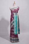 Violet color tussar saree with silver zari square buttas retta petta zari border and woven zari pallu with contrast blouse piece