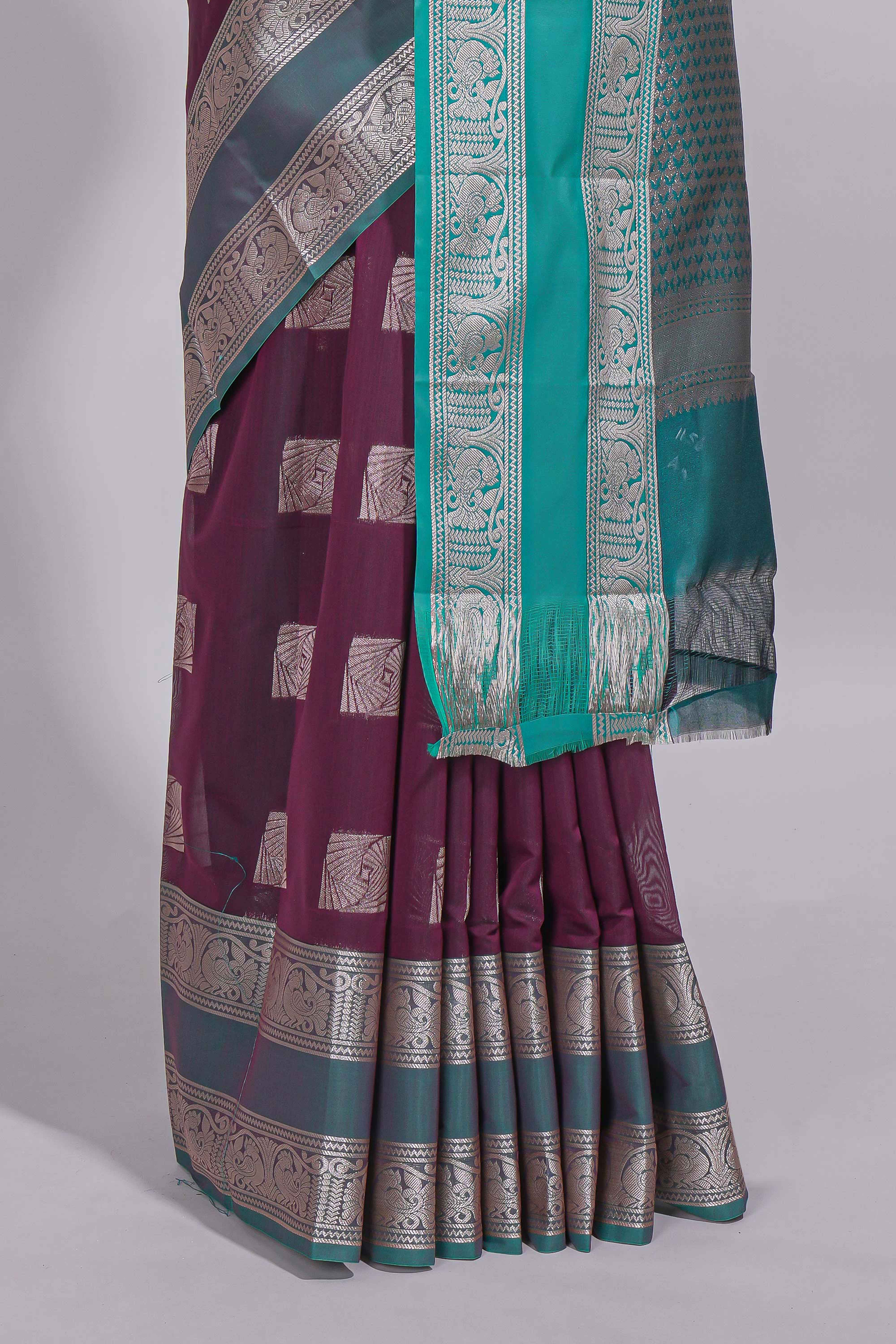 Violet color tussar saree with silver zari square buttas retta petta zari border and woven zari pallu with contrast blouse piece