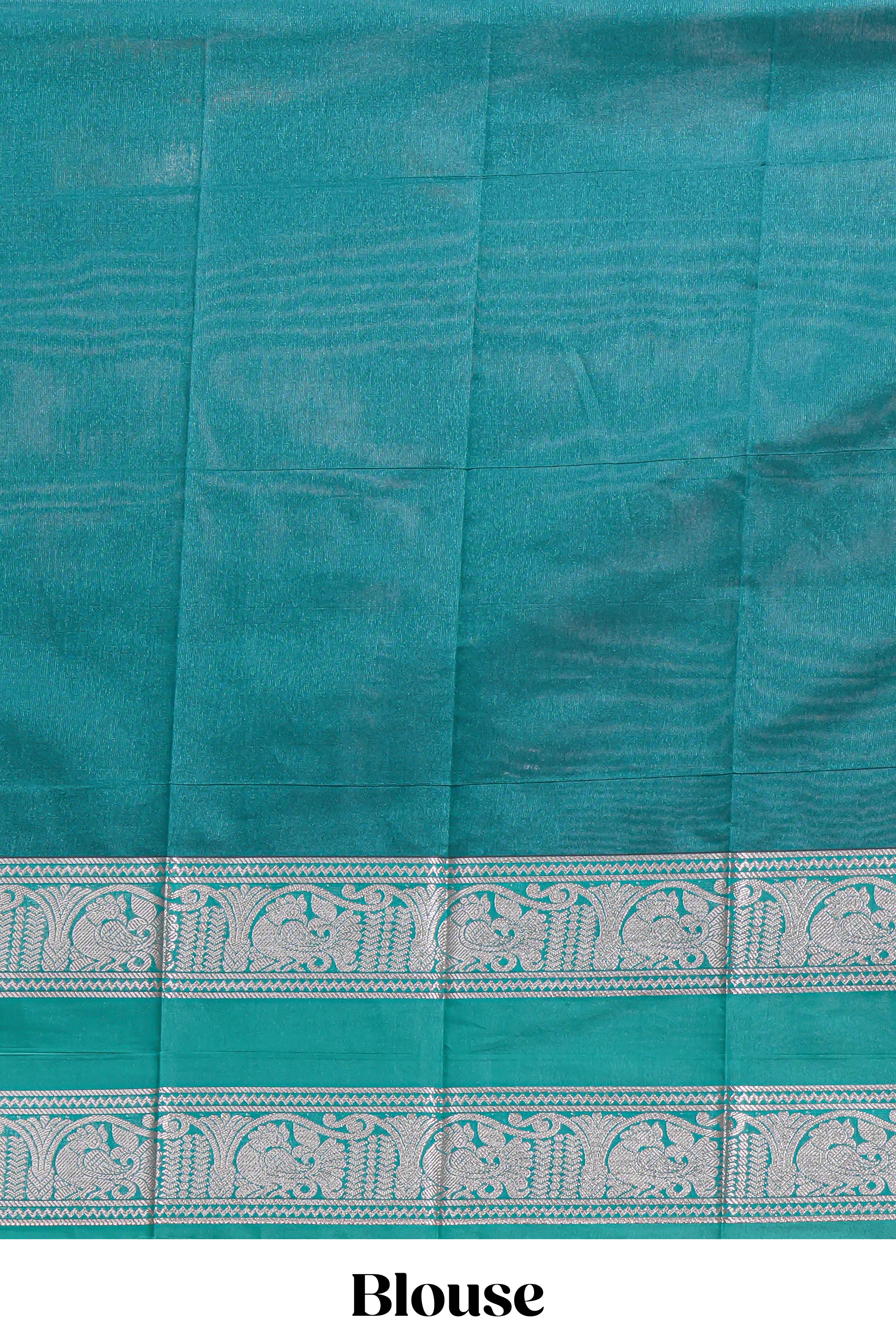 Violet color tussar saree with silver zari square buttas retta petta zari border and woven zari pallu with contrast blouse piece