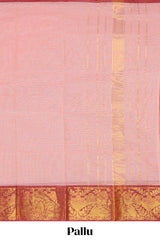 Peach plain kota saree with contrast zari border and self striped pallu