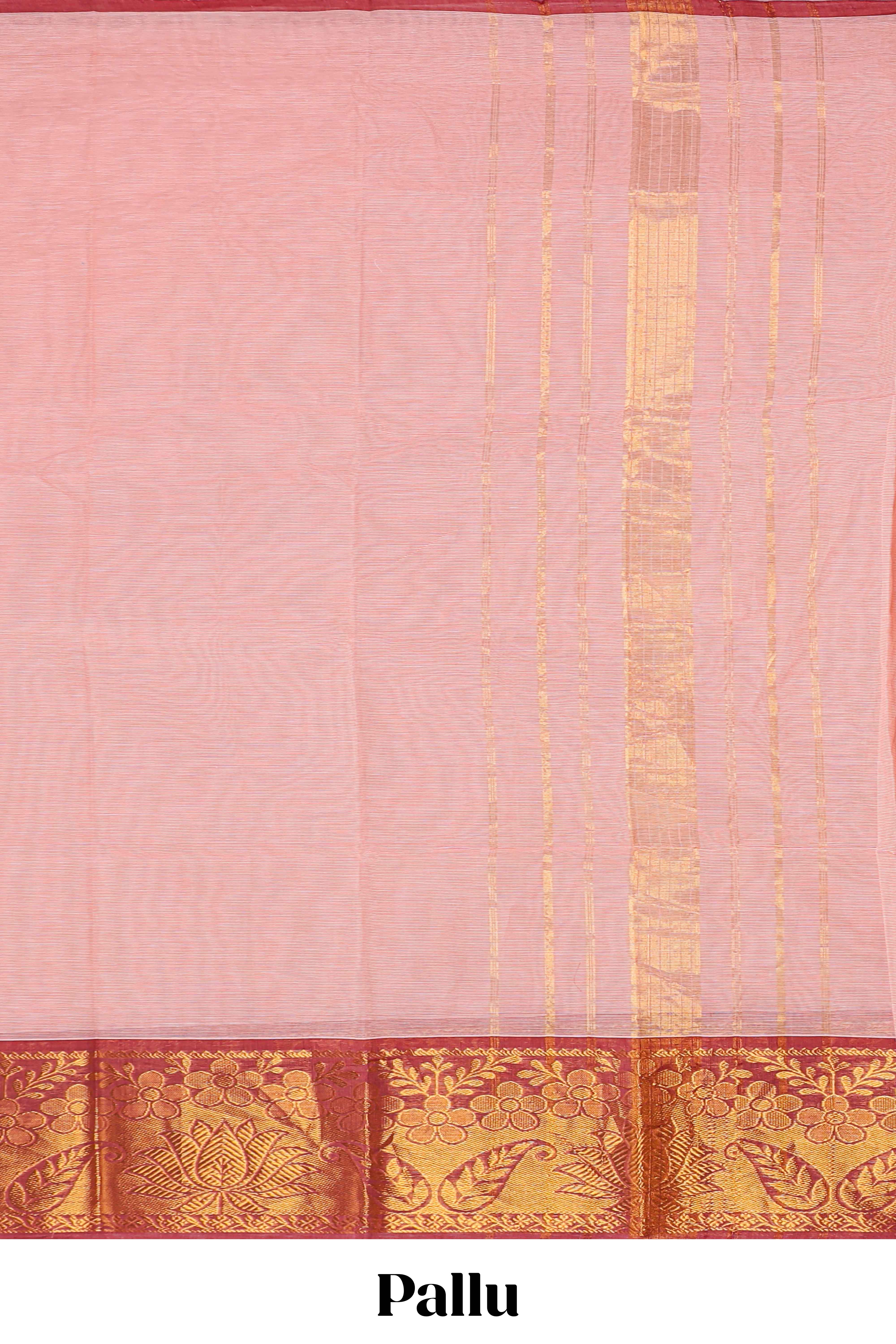 Peach plain kota saree with contrast zari border and self striped pallu