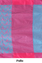Blue checked floral design kota cotton saree with contrast border and striped blouse
