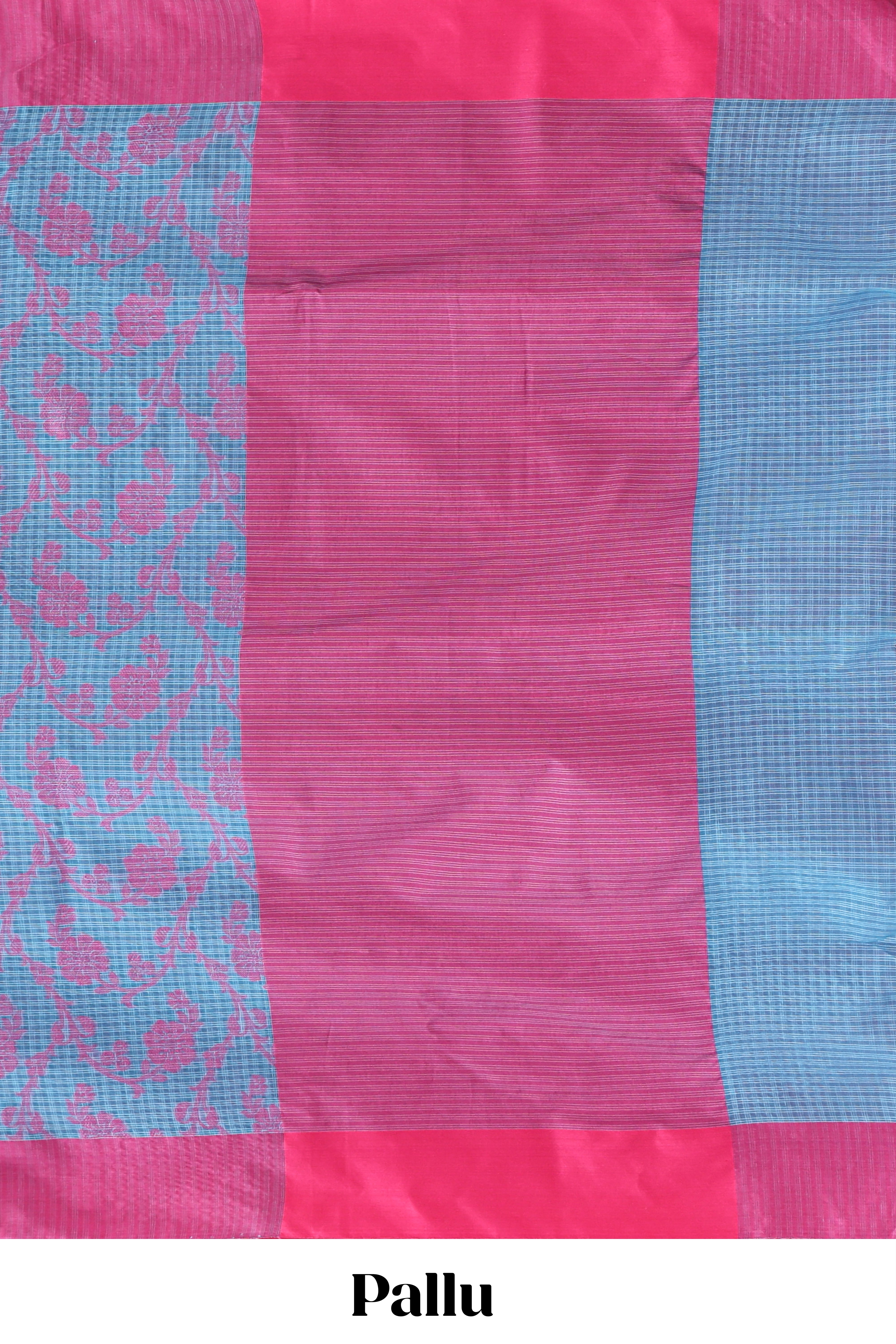 Blue checked floral design kota cotton saree with contrast border and striped blouse