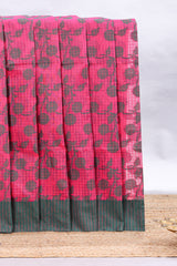 Pink checked floral design kota cotton saree with contrast border and striped blouse