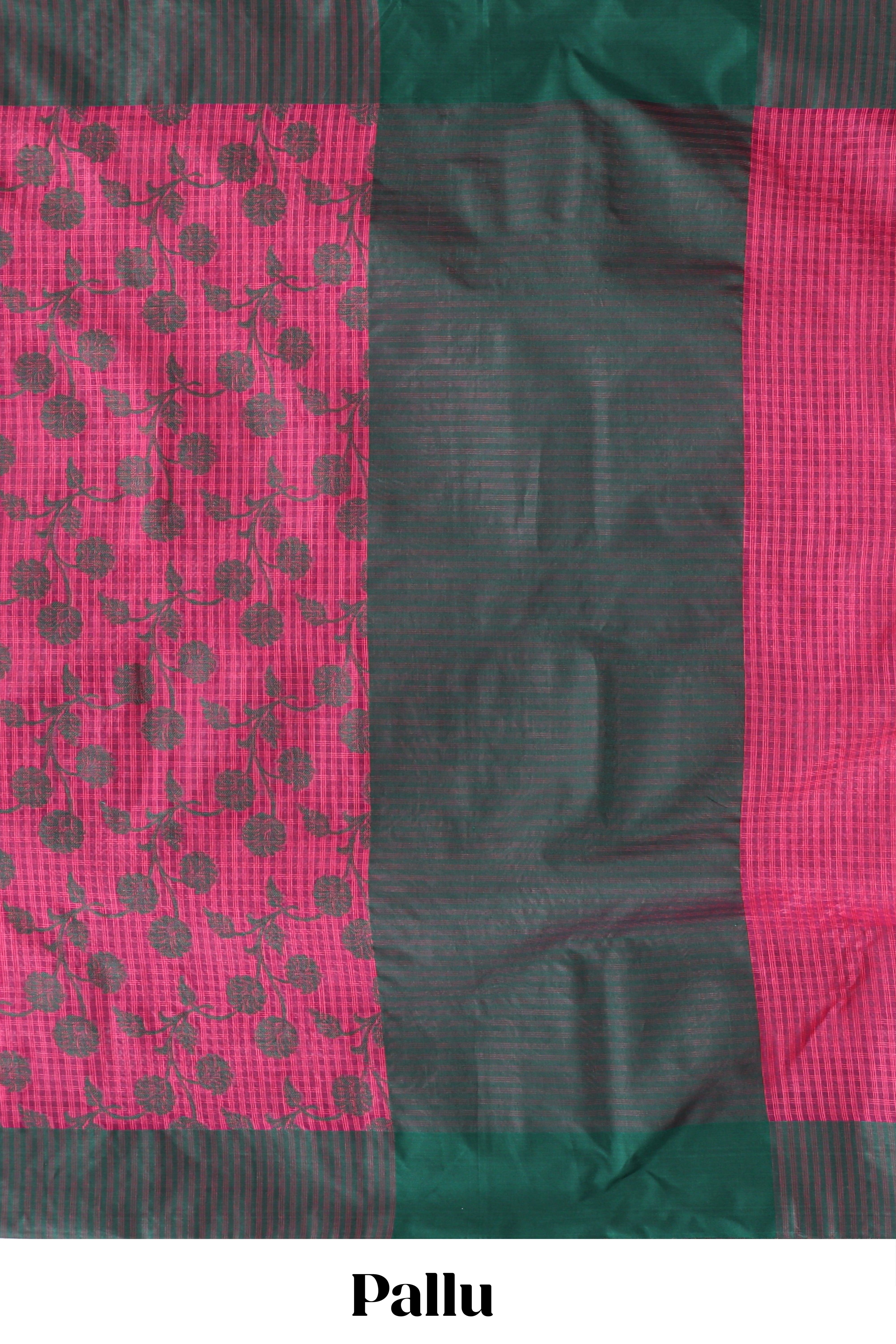 Pink checked floral design kota cotton saree with contrast border and striped blouse